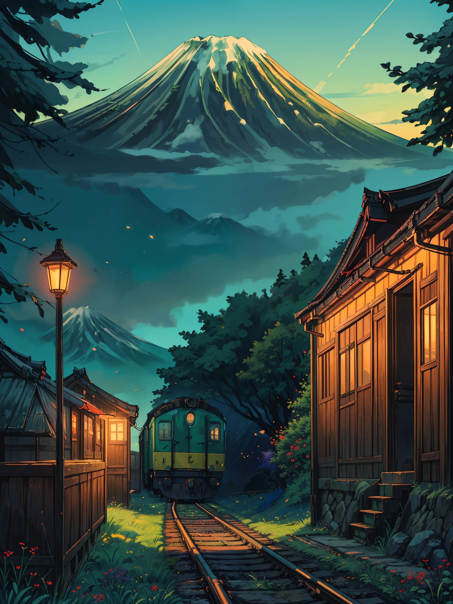 (masterpiece:1), (wide view:1.5), (a beautiful railway track near mount Fuji:1.6), (lo-fi vibe:1.3), (dense greenery all around:1.5), (shed:1.3), silence, (pine trees:1.4), (blue vast wide open sky:1.5), (soft glow of vibrant and green nature tones:1.4), magnificent sky, (volumetric light:1.2), peaceful, (day time:1.5), (long grass:1.3), (wires:1.3), (shadow:1.5), (wildflowers:1.4), (beautiful aesthetics:1.2), (untouced beauty:1.4), beautiful tones, subtle colors, peaceful, (illustration: 1.0), epic composition, realistic lighting, (no human:1.6), HD details, masterpiece, best quality, ,