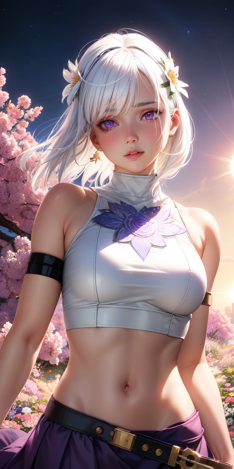 realistic, 1girl, white hair, purple eyes, glowing eyes, crop top, skirt, parted lips, blush, night, flowers, sun, sunlight,