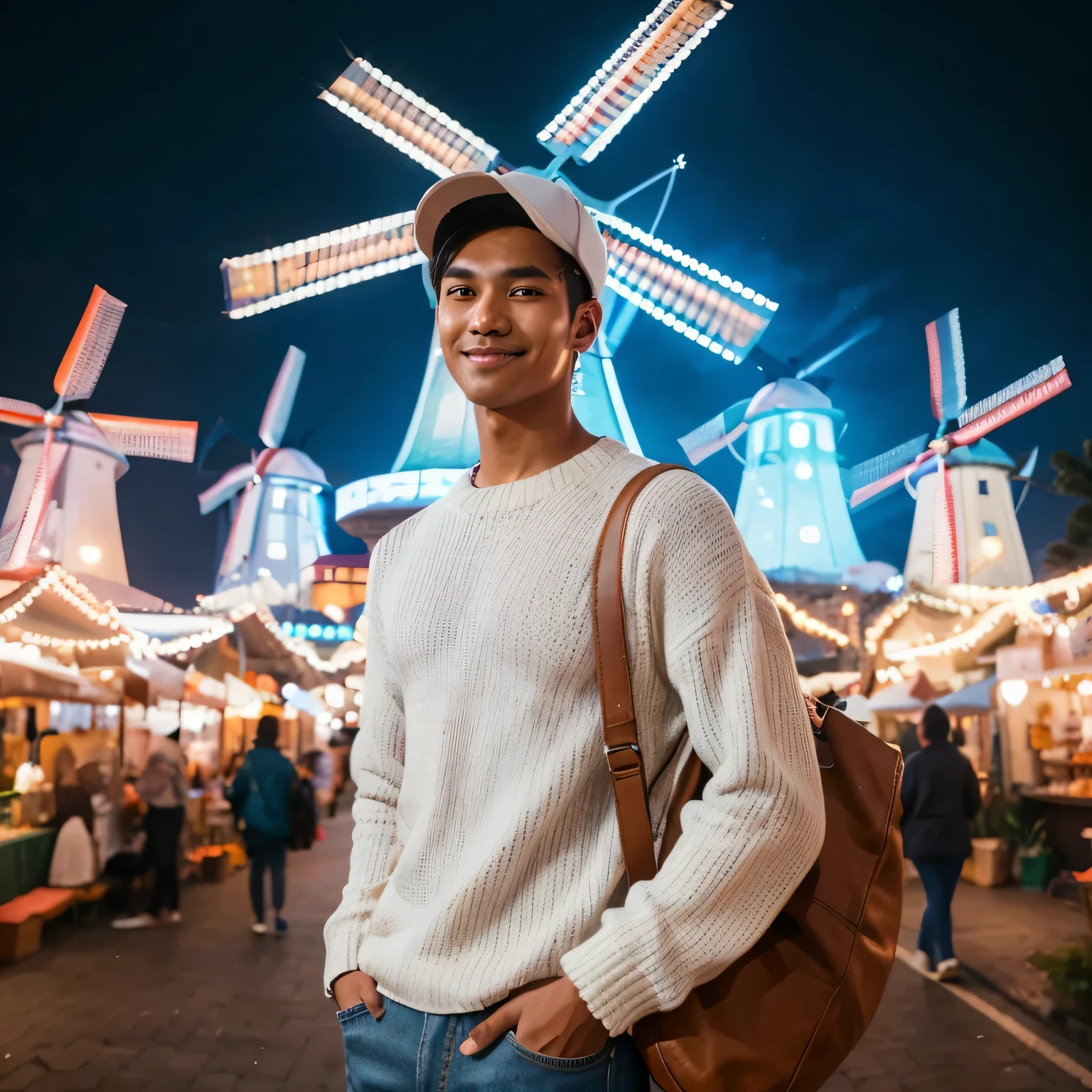 an Indonesian young man in a white sweater and long jeans with a sling bag, wearing baseball hat, the background is in front of a magnificent windmill with beautiful colorful lights, a night market atmosphere, side portrait, center portrait, photography professional, detailed image, tall, smiling looking at the camera