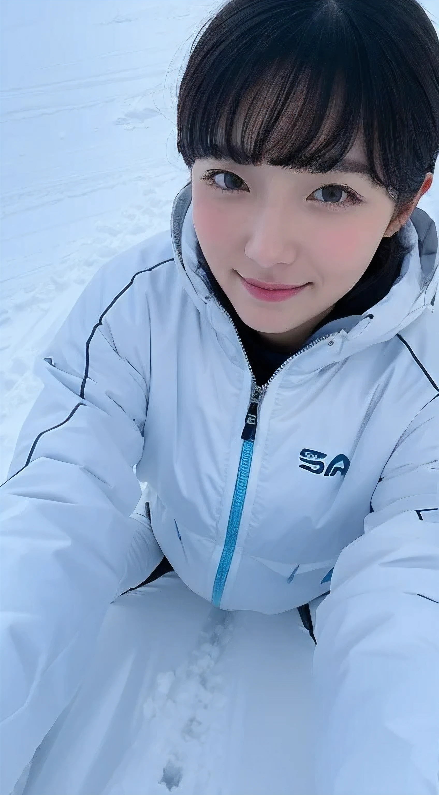Sit on the snow on the ski slopes、close up of face、From above、(short hair)、black haired、get up、Huge