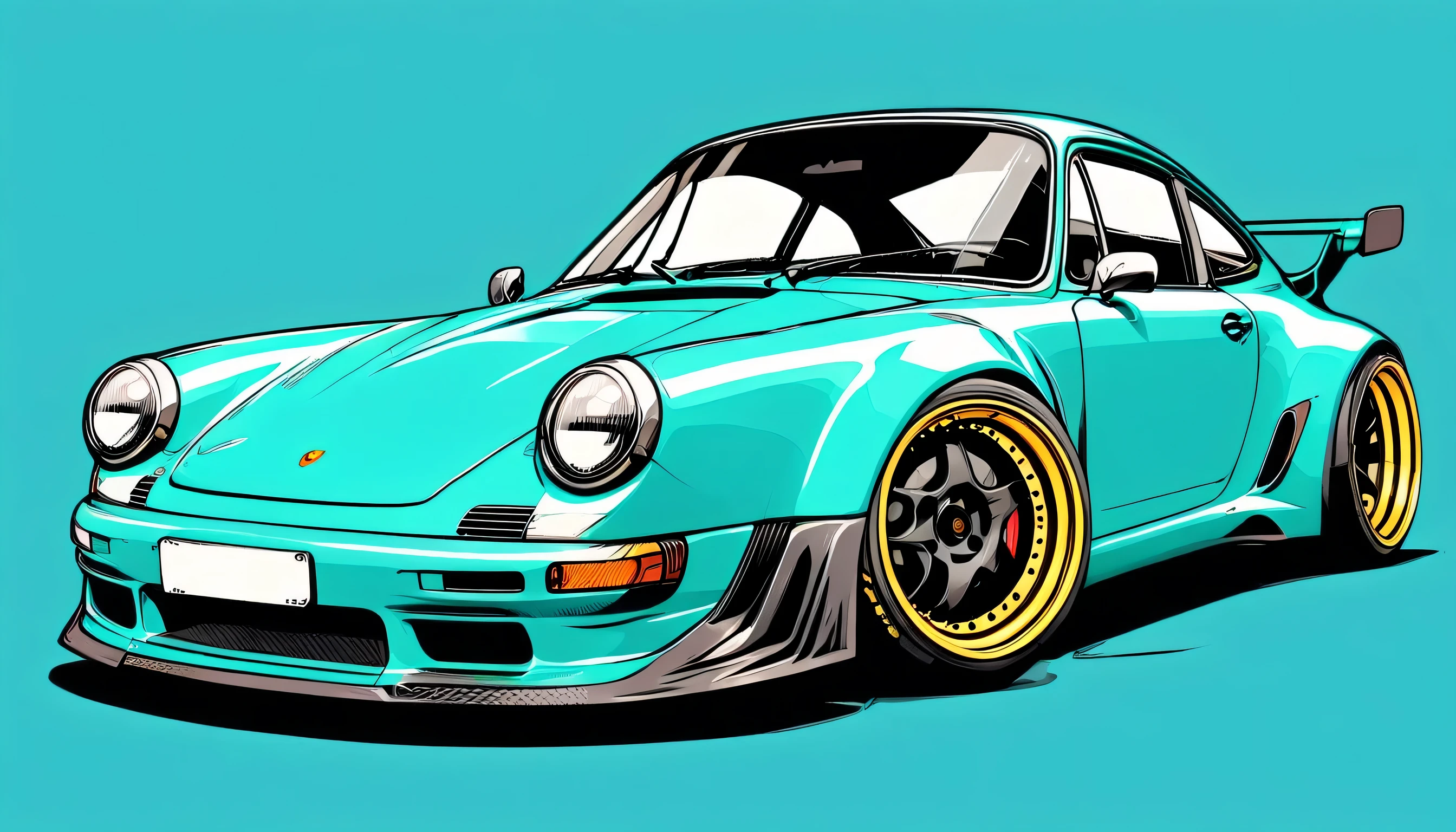 Turquoise Porsche 911 rwb, pop art,  cartoonish style , sketch, detailed illustration, large wheels, wide bodykit