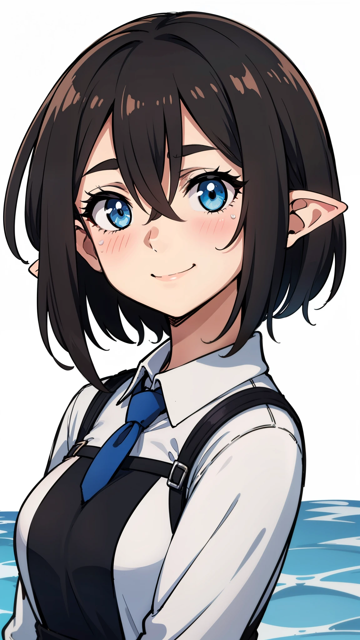 Anime girl with blue eyes and a black tie standing in front of a body ...