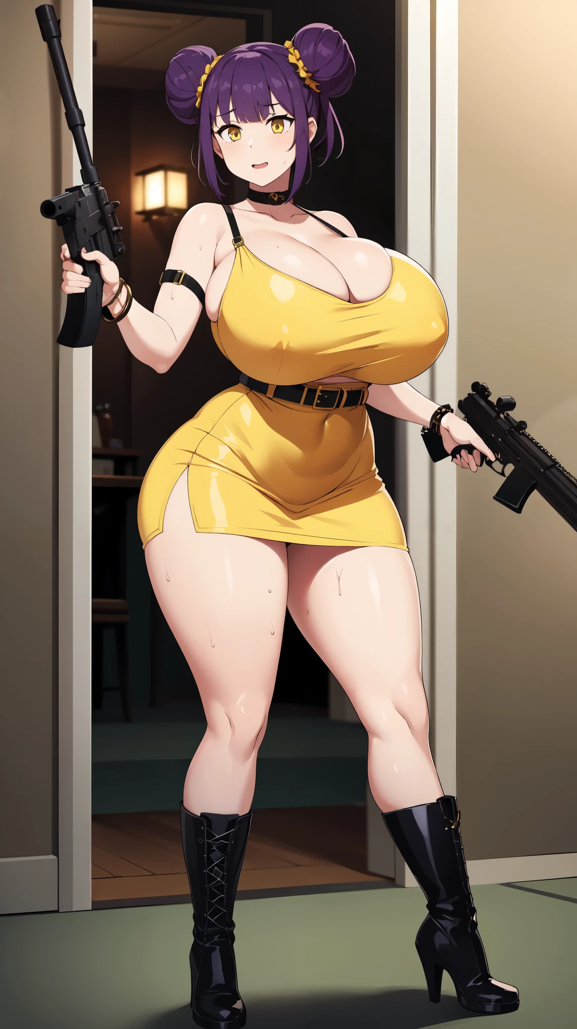 Slime girl, (slime), Slime hair Double buns hair style, Pumpkin Orange, weapon belt, Masterpiece, Best Quality, gigantic breasts, slime girl, slime girl, purple hair, lavender hair, yellow clothes, weapon belt around waistline, rifle, long rifle, AR-15 Rifle, assault rifle, exposed yellow bra, yellow clothing, wearing yellow clothing, fully body view, tight yellow dress, Rifle in hand, mature woman, gorgeous, perverted, sexy, yellow dress, exposed chest, exposed bra, exposed breast, black boots/heels, gold bracelets around wrist, holding rifle, aiming with rifle, tactical stance, tactical gear, sweaty body, long legs, tall woman, lustful yellow eyes, yellow lingerie , Slime girl, (slime), Slime hair Double buns hair style, Pumpkin Orange, weapon belt, Masterpiece, Best Quality, gigantic breasts, slime girl, slime girl, purple hair, lavender hair, yellow clothes, weapon belt around waistline, rifle, long rifle, AR-15 Rifle, assault rifle, exposed yellow bra, yellow clothing, wearing yellow clothing, fully body view, tight yellow dress, Rifle in hand, mature woman, gorgeous, perverted, sexy, yellow dress, exposed chest, exposed bra, exposed breast, black boots/heels, gold bracelets around wrist, holding rifle, aiming with rifle, tactical stance, tactical gear, sweaty body, long legs, tall woman, lustful yellow eyes, yellow lingerie, mature body, mature face, dark purple hair color, purple hair