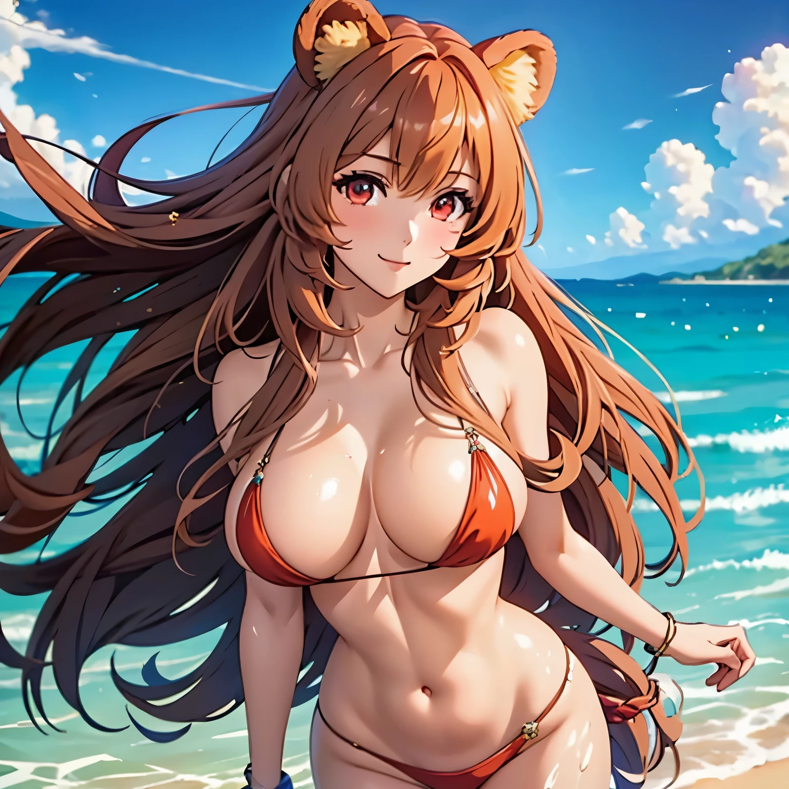 Raphtalia. beautiful woman 28 years old bear ears, cabello naranja brillante . red eyes like rubies detailed high quality. sonrisa, rubor , pechos grandes desnudos desnudos sin bragas desnuda. esta caminando desnuda en una playa tropical. reflejo en el agua, gota de agua en su cuerpo, sol brillante de fondo cielo despejado.. cuerpo mojado. pechos grandes, piel clara. enfoque en su pechos primer plano, sonrisa feliz mostrando los dientes