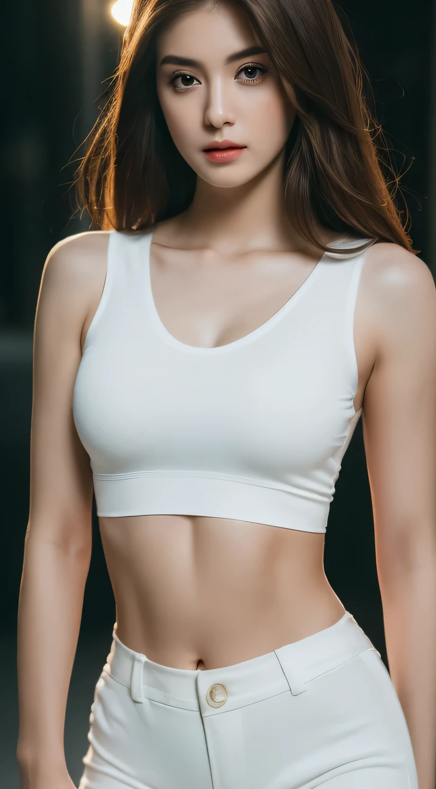 ((Realistic lighting, Best quality, 8K, Masterpiece: 1.3)), Clear focus: 1.2, 1girl, Perfect Figure: 1.4, Slim Abs: 1.1, ((Dark brown hair)), (White crop top: 1.4), (Outdoor, Night: 1.1), City streets, Super fine face, Fine eyes, Double eyelids, full face not cropped