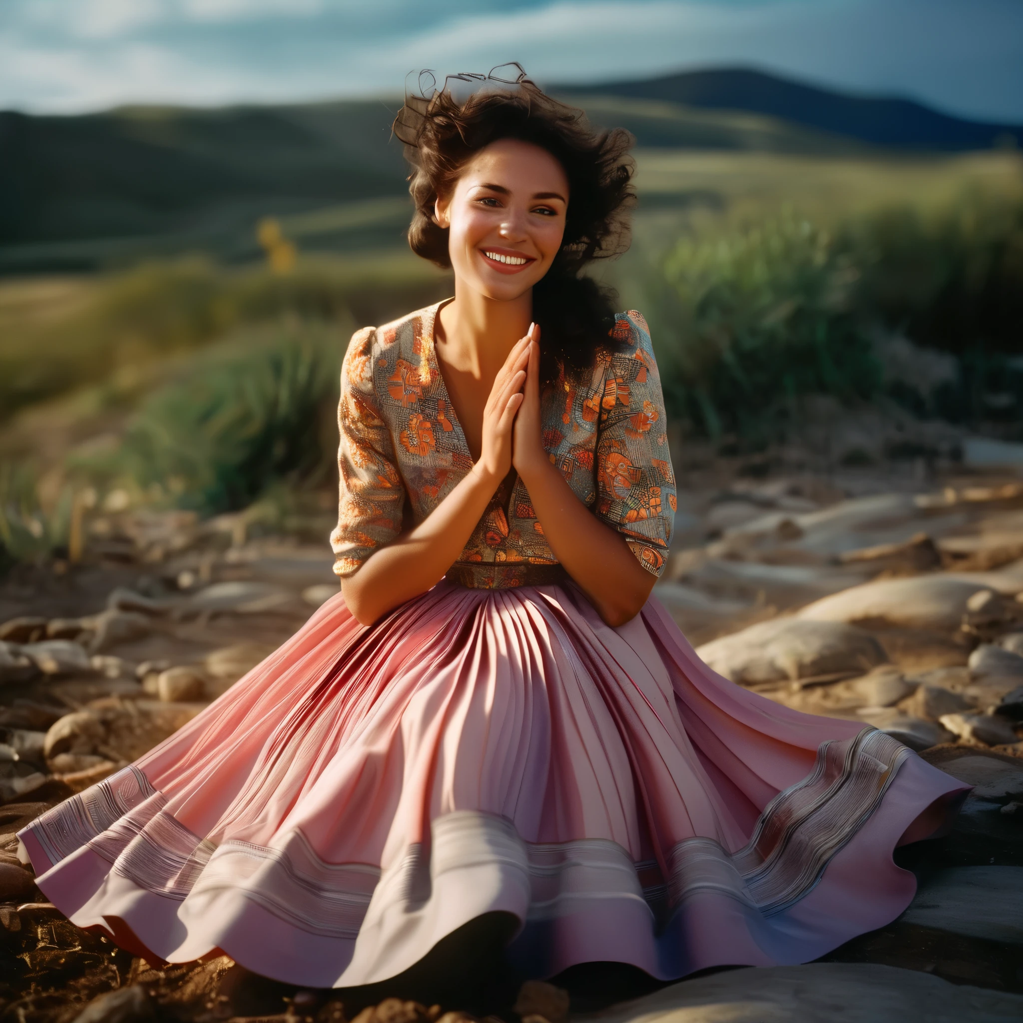 A smiling, authentic, (shy:1,3), kind, beautiful woman, is passionately in love with her skirt, sitting down on the ground while wind lifts her skirt, wearing short blazer and very, very detailed (long (fully pleated) full circle skirt) and (low heeled court shoes), very, very intricate hyper-detailed symmetric (attractive graceful young feminine face) with (sad, tired eyes and a loving smile), very voluptuous breasts, full of empathy and compassion and love, (pronounced (feminine) features), (highly detailed ultra accurate realistic) hands and fingers, (windy), epic composition, highly detailed attributes, (35mm f1.4 Kodak portra 400 photograph), extremely high quality RAW photograph, highly detailed atmosphere, sci-fi, cinematic shot, dynamic lighting, 75mm, Technicolor, Panavision, cinemascope, sharp focus, fine details, 8k, HDR, realism, realistic, key visual, film still, superb cinematic color grading, depth of field