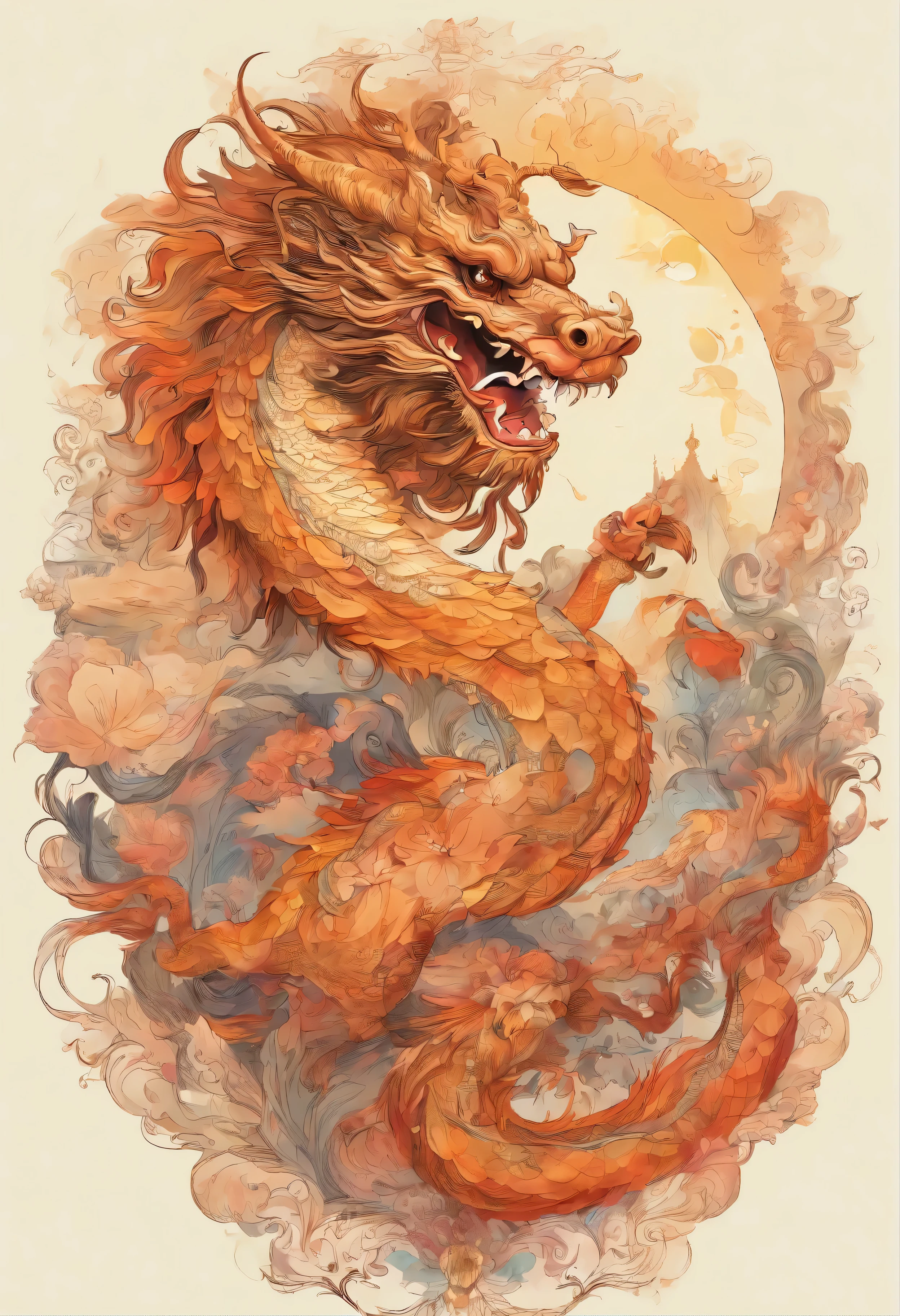 Q version chinese dragon,Fofo e fofo,lua,Light is depicted in detail,tonalidade laranja,oc rendering,alta qualidade,obra de arte,Surreal,Fotos super reais,8k,Super fino,super detalhado,Ultra wide viewing angle,dynamic perspective