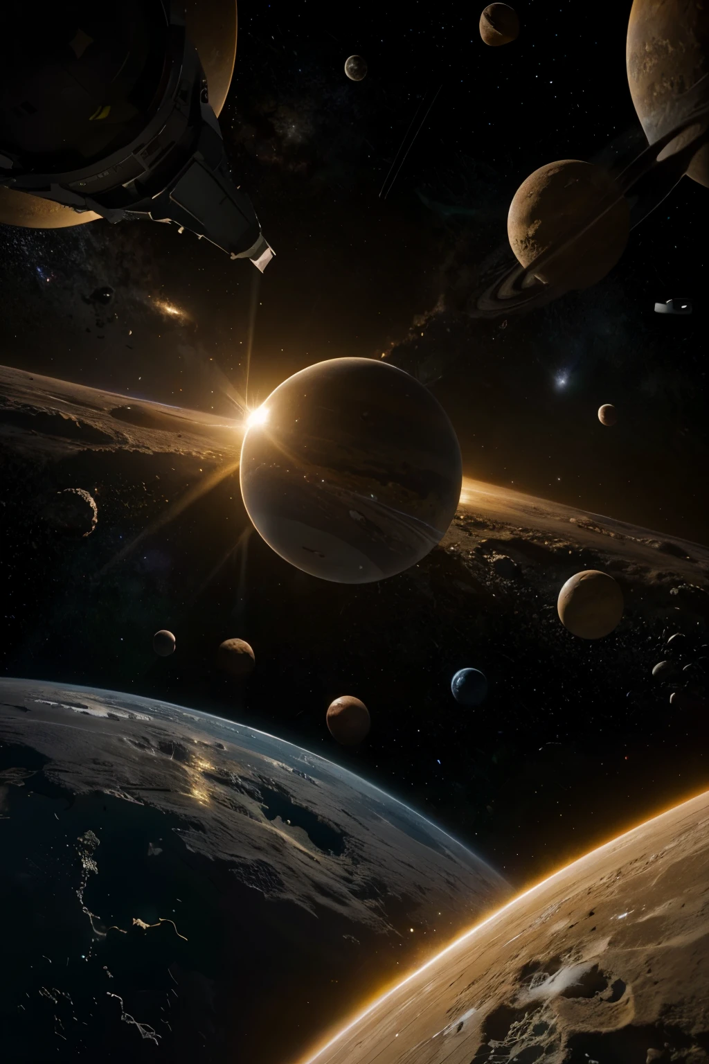 yellow planet in the space , space, 4k, 2d, asteroids, stars, planets, galaxy
