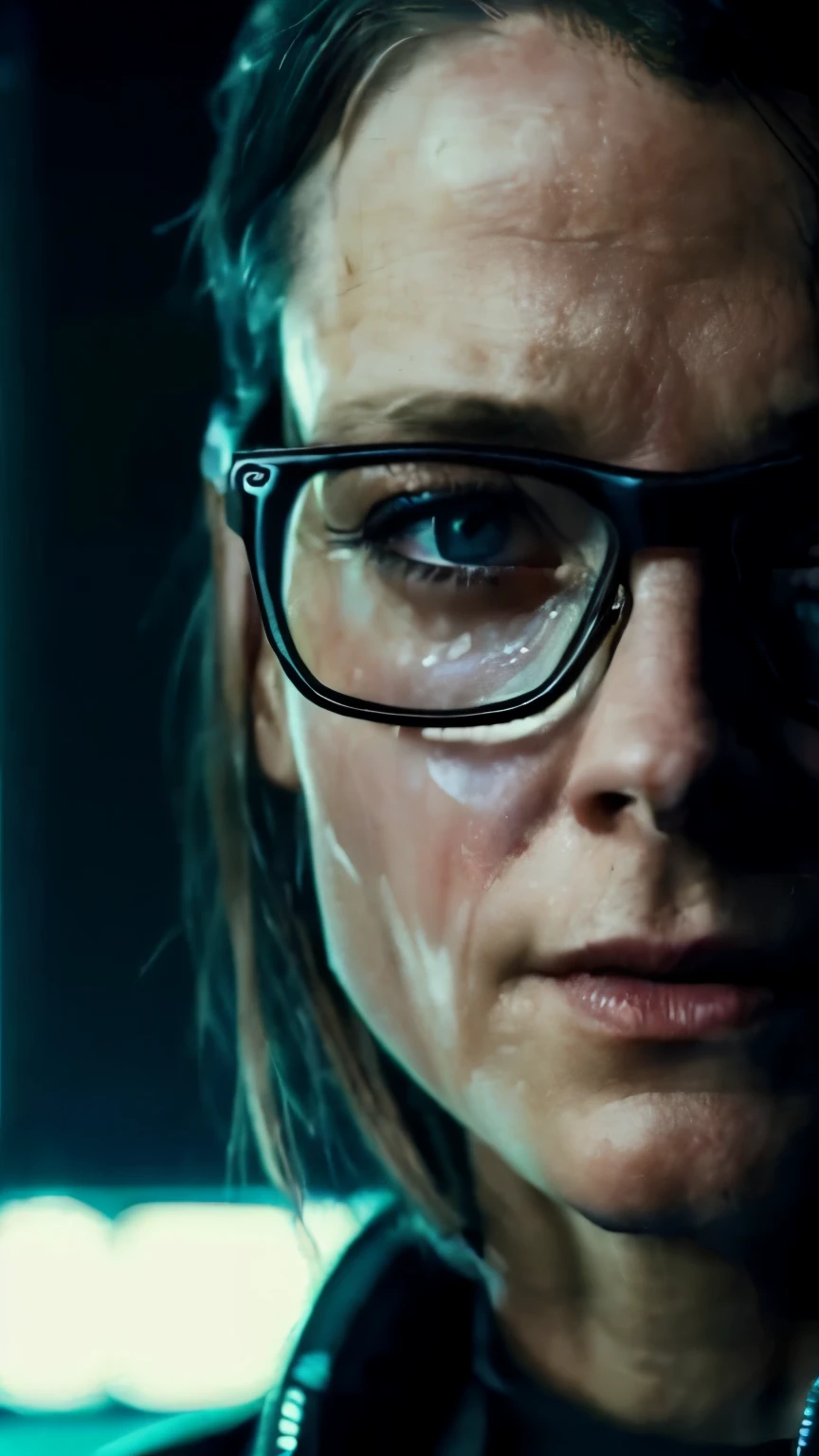 crying, (cyberpunk military scientist:1) (1woman) dark theme :: focus on medium closeup face, curious face, young Jodie Foster face, crying face, visible tears, ultra realistic futuristic cyberpunk tall athletic woman, crying:: futuristic glasses nerd:: cry, tears :: inside cyberpunk office :: brown eyes :: crying eyes :: visible tears :: natural lighting :: bokeh :: 8k :: best quality :: masterpiece :: insanely detailed:1.5, Crying, Transparent Liquid,  ruined makeup