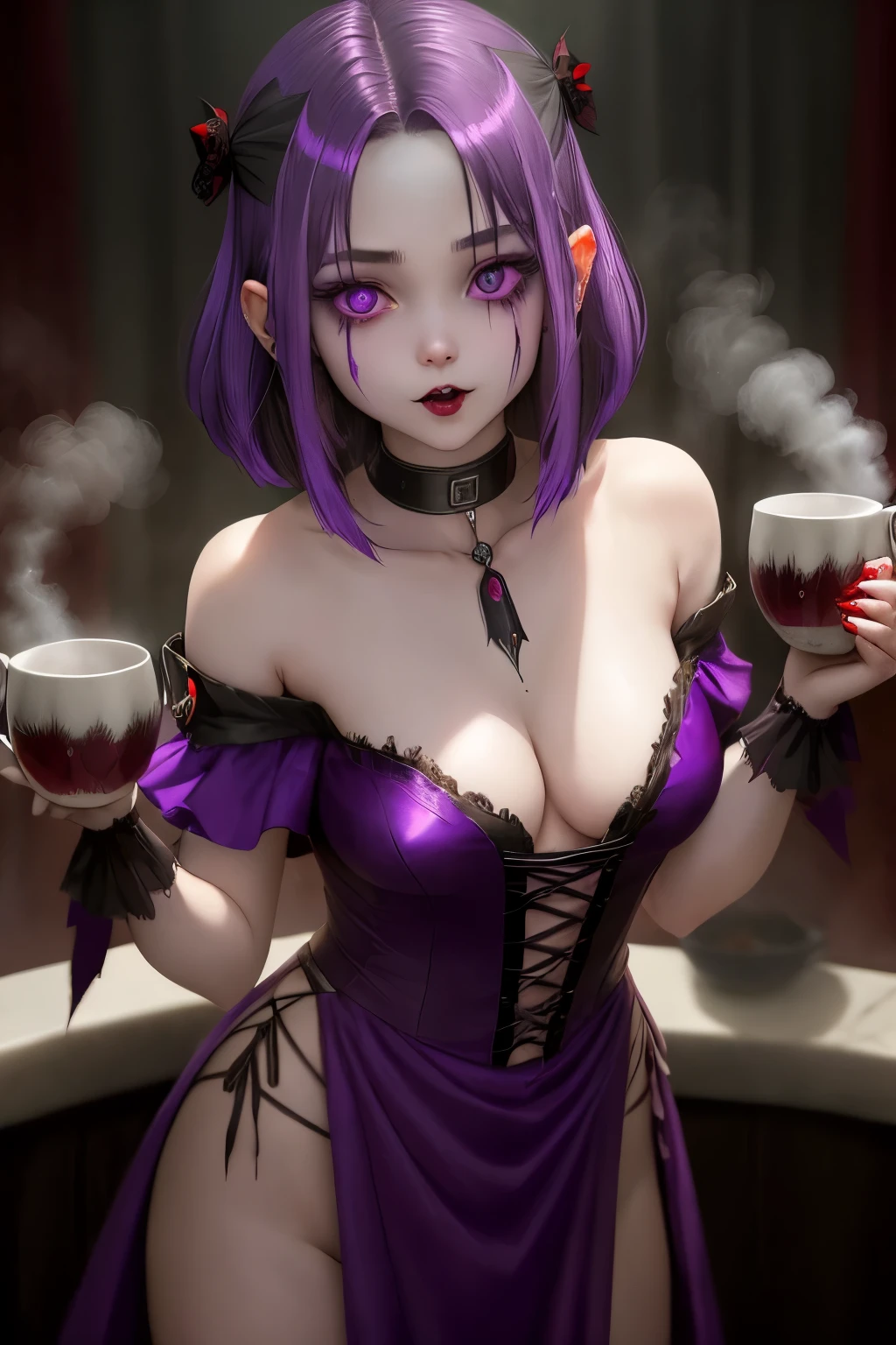Vampire girl with short, shoulder-length hair adorned with a vibrant purple streak, she clutches a steaming cup of freshly drawn blood, her piercing eyes reflecting an insatiable thirst.