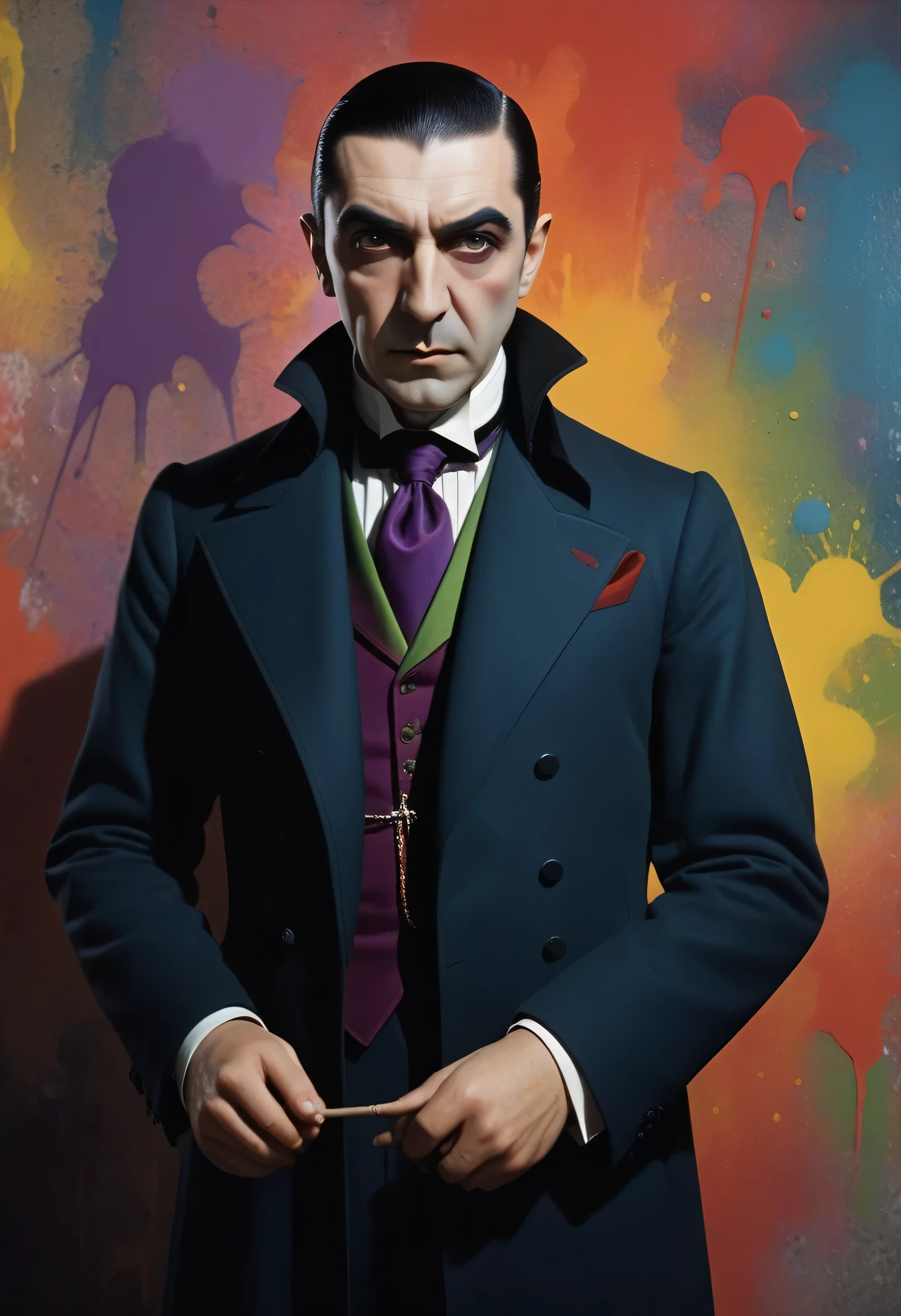 Bela Lugosi as Count Dracula - an extremely colorful multicolor paint splattered wall in the background