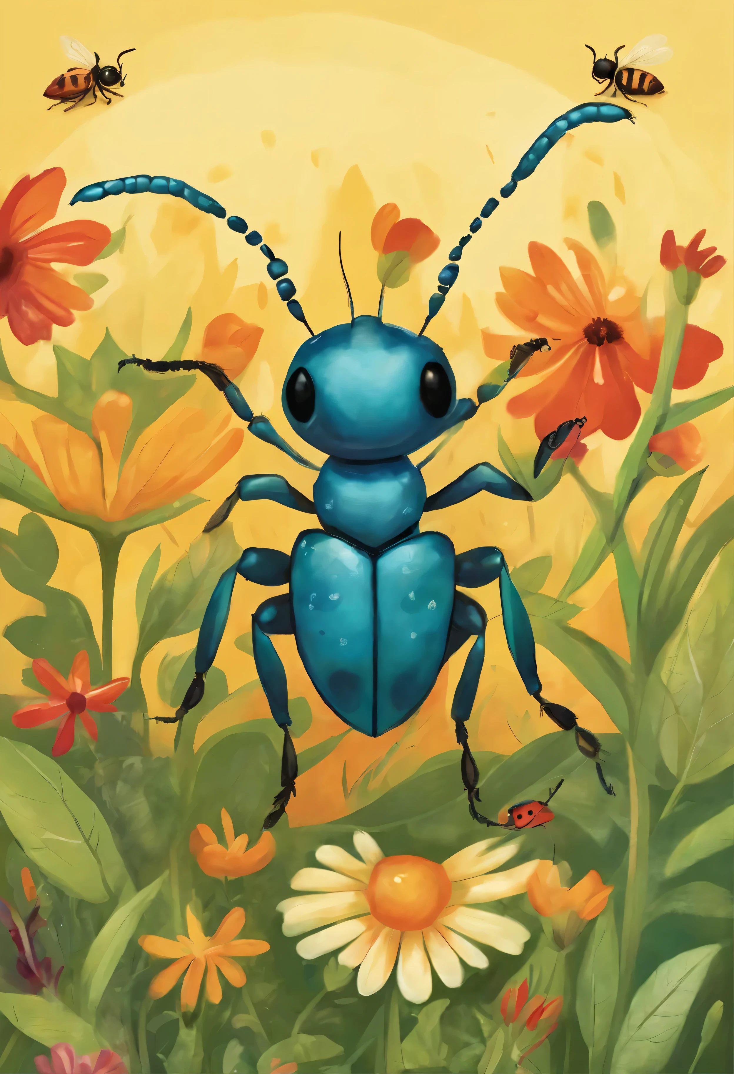 painting of an ant and beetle and colorful children's book illustration, children's book illustration, children's book illustration, children's book illustration, children's book illustration, children's book illustration, children's illustration, children's book illustration, illustration for children, children's illustration, colorful illustration, children's illustration, storybook illustration, illustrated in whimsical style