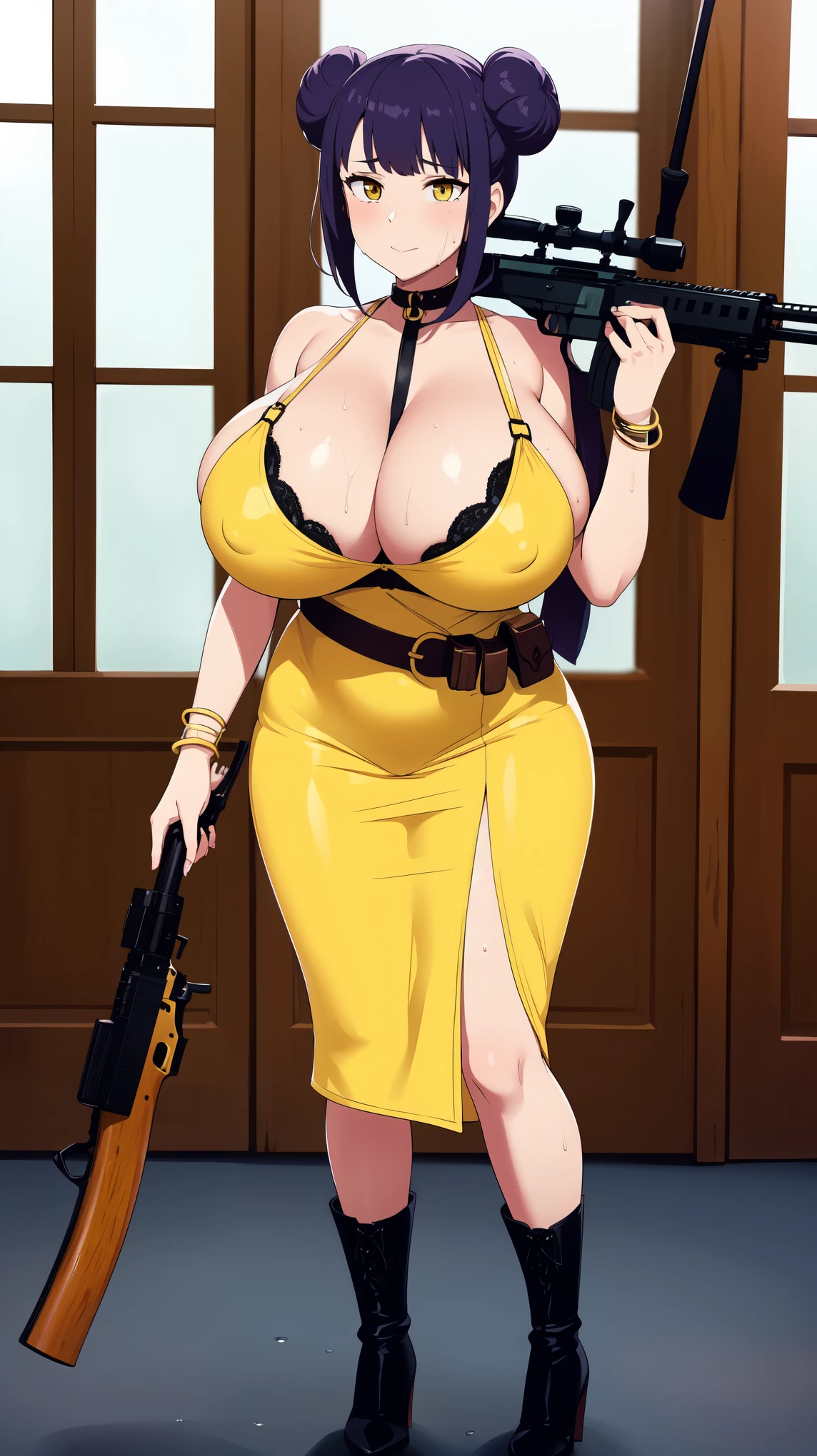 Slime girl, (slime), Slime hair Double buns hair style, Pumpkin Orange, weapon belt, Masterpiece, Best Quality, gigantic breasts, slime girl, slime girl, purple hair, lavender hair, yellow clothes, weapon belt around waistline, rifle, long rifle, AR-15 Rifle, assault rifle, exposed yellow bra, yellow clothing, wearing yellow clothing, fully body view, tight yellow dress, Rifle in hand, mature woman, gorgeous, perverted, sexy, yellow dress, exposed chest, exposed bra, exposed breast, black boots/heels, gold bracelets around wrist, holding rifle, aiming with rifle, tactical stance, tactical gear, sweaty body, long legs, tall woman, lustful yellow eyes, yellow lingerie , Slime girl, (slime), Slime hair Double buns hair style, Pumpkin Orange, weapon belt, Masterpiece, Best Quality, gigantic breasts, slime girl, slime girl, purple hair, lavender hair, yellow clothes, weapon belt around waistline, rifle, long rifle, AR-15 Rifle, assault rifle, exposed yellow bra, yellow clothing, wearing yellow clothing, fully body view, tight yellow dress, Rifle in hand, mature woman, gorgeous, perverted, sexy, yellow dress, exposed chest, exposed bra, exposed breast, black boots/heels, gold bracelets around wrist, holding rifle, aiming with rifle, tactical stance, tactical gear, sweaty body, long legs, tall woman, lustful yellow eyes, yellow lingerie, mature body, mature face, dark purple hair color, purple hair