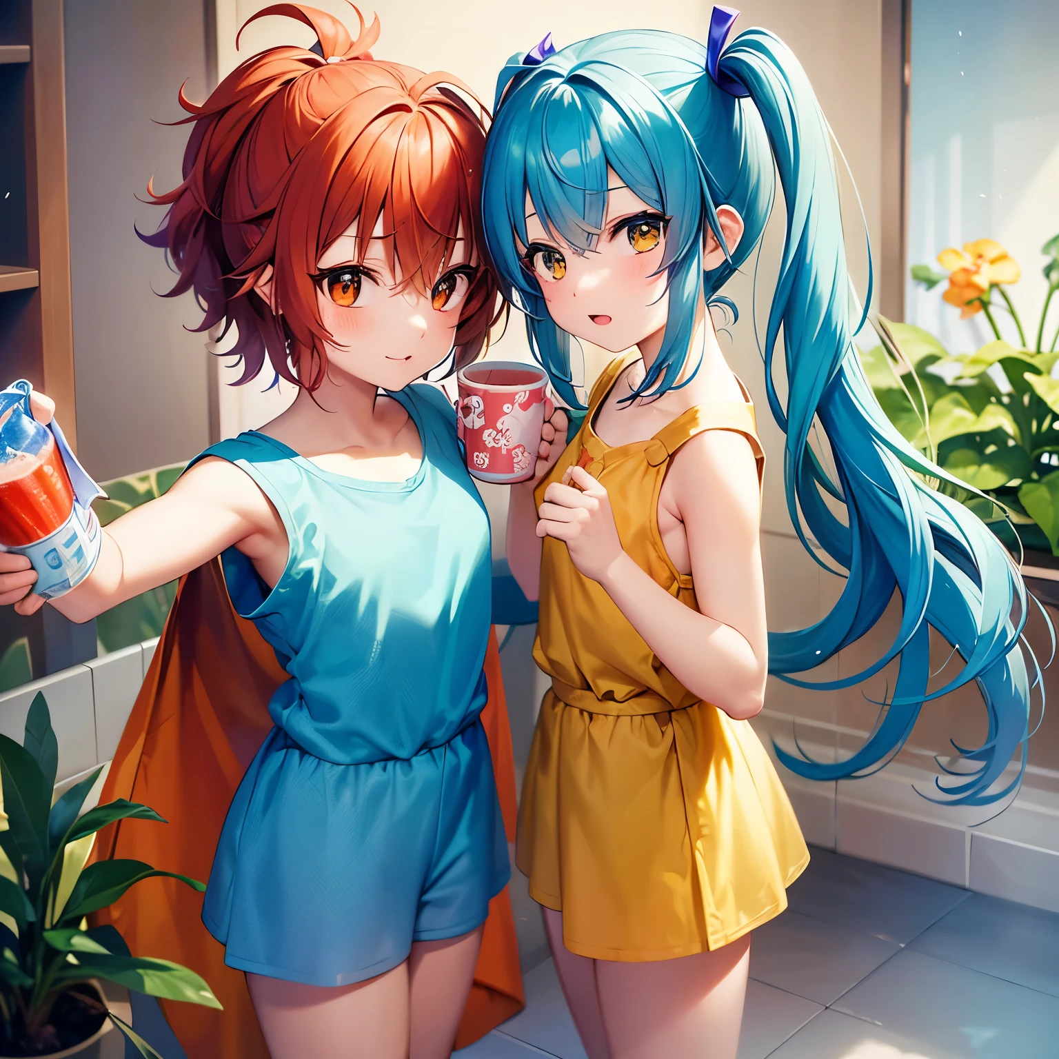 Anime kids taming bath: Two adorable children, dressed in their favorite anime outfits, stand beside a bathtub filled with bubbles. Their bright, shining eyes reflect the joy and excitement of their bath time adventure. One , with short, curly, orange hair and wearing a red and white striped T-shirt, reaches out with perfect hands to gently splash water on a small, blue, baby dragon. The other , with long, blue hair tied up in twin pigtails, wears a yellow sunshirt and holds a mug of water, ready to help tame the dragon. The bathroom is filled with colorful toys and anime decorations, completing the magical atmosphere. The kids'