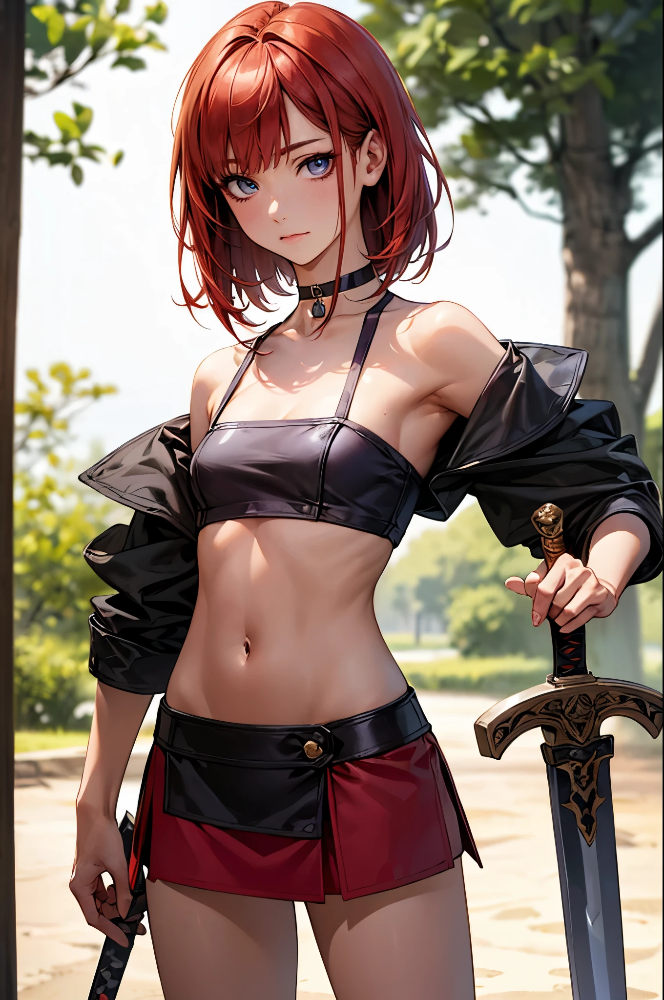((perfect anatomy:1.2,realistic,:1.3,RAW Photography:1.3,masterpiece、highest quality、Ultra - High resolution、High resolution、Highly detailed CG、8K)),nsfw,cowboy shot,1 female,alone,20-year-old,beauty of japan,beautiful detailed face and eyes,big and gorgeous eyes,gray eyes,(red hair,short bob hair,bangs), (slender body,small head:1.4, skinny、small breasts), glowing skin,oily skin,(fantasy clothing,black tube top,off shoulder、navel、red micromini skirt,choker),action pose、fight with sword,Holding a thin sword、Swordsmanship stance、swordsmanship training、fantasy,fantasy world、tree々、virgin forest、river、medieval europe、natural sunlight、