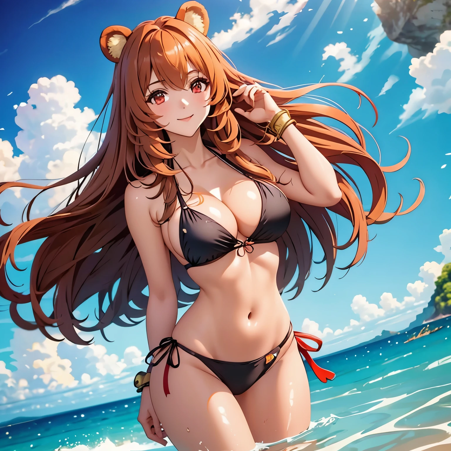 Raphtalia. beautiful woman 28 years old bear ears, cabello naranja brillante . red eyes like rubies detailed high quality. sonrisa, rubor , pechos grandes bikini azul detallado. esta caminando en una playa tropical. reflejo en el agua, gota de agua en su cuerpo, sol brillante de fondo cielo despejado.. cuerpo mojado. pechos grandes, piel clara. enfoque en su pechos primer plano, sonrisa feliz mostrando los dientes