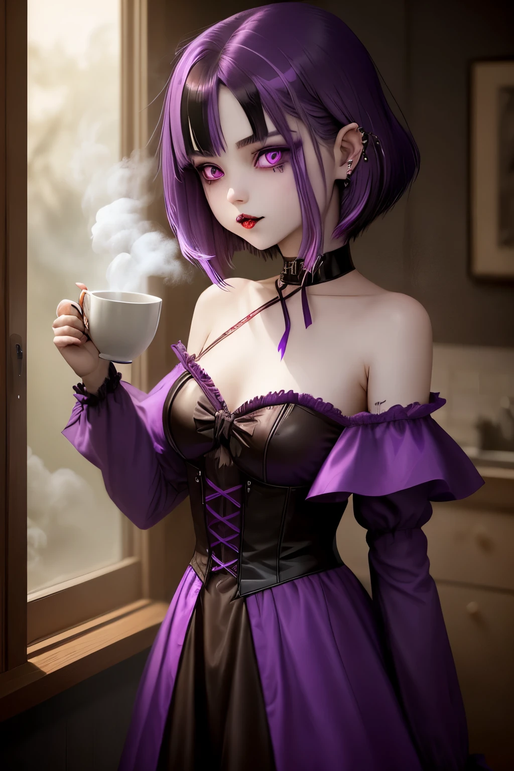 Vampire girl with short, shoulder-length hair adorned with a vibrant purple streak, she clutches a steaming cup of freshly drawn blood, her piercing eyes reflecting an insatiable thirst.