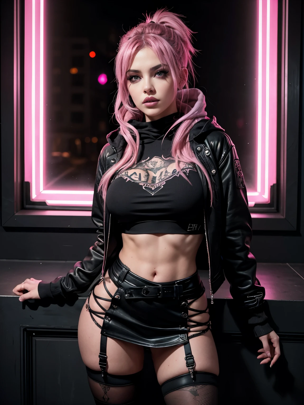 goth punk Girl rocking out, pink hair, pink eyes, heavy eyeliner, hoodie, jacket, miniskirt, thigh highs. on black canvas in the style of guillem h. pongiluppi,  abigail larson, ominous landscapes, john sloane, light gray and pink, energy-filled illustrations 