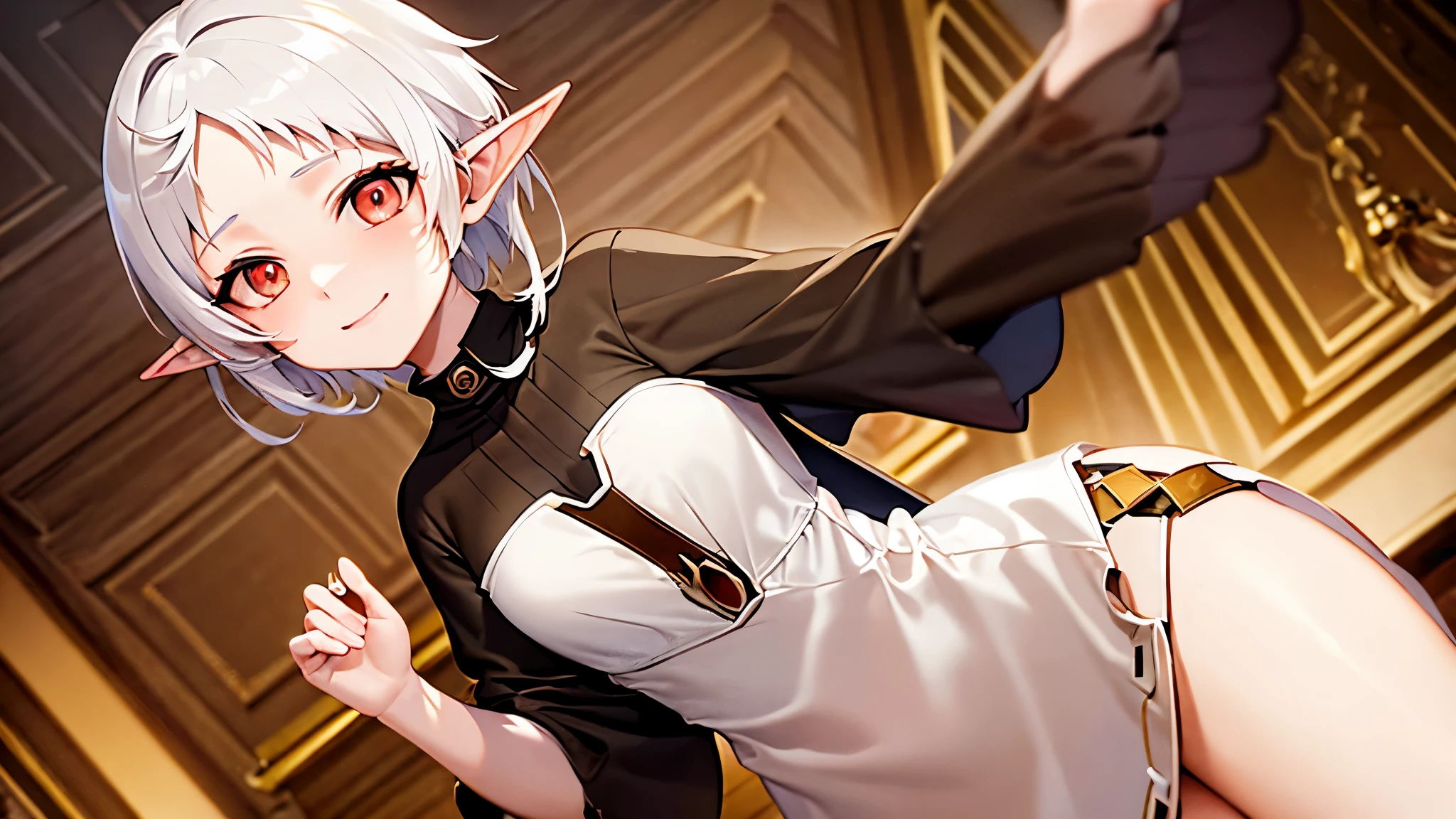 a cute character with a shy smile named Sylphie with elf-like ears and white short hair, the eyes are red colored with black pupils, with a soft cute smile. The character is wearing a white long-sleeve shirt and a brown skirt, she is amidst a serene and beautifully illuminated room Mushoku Tensei. anime style masterpiece. Ultra HD. Super Details. Best Quality