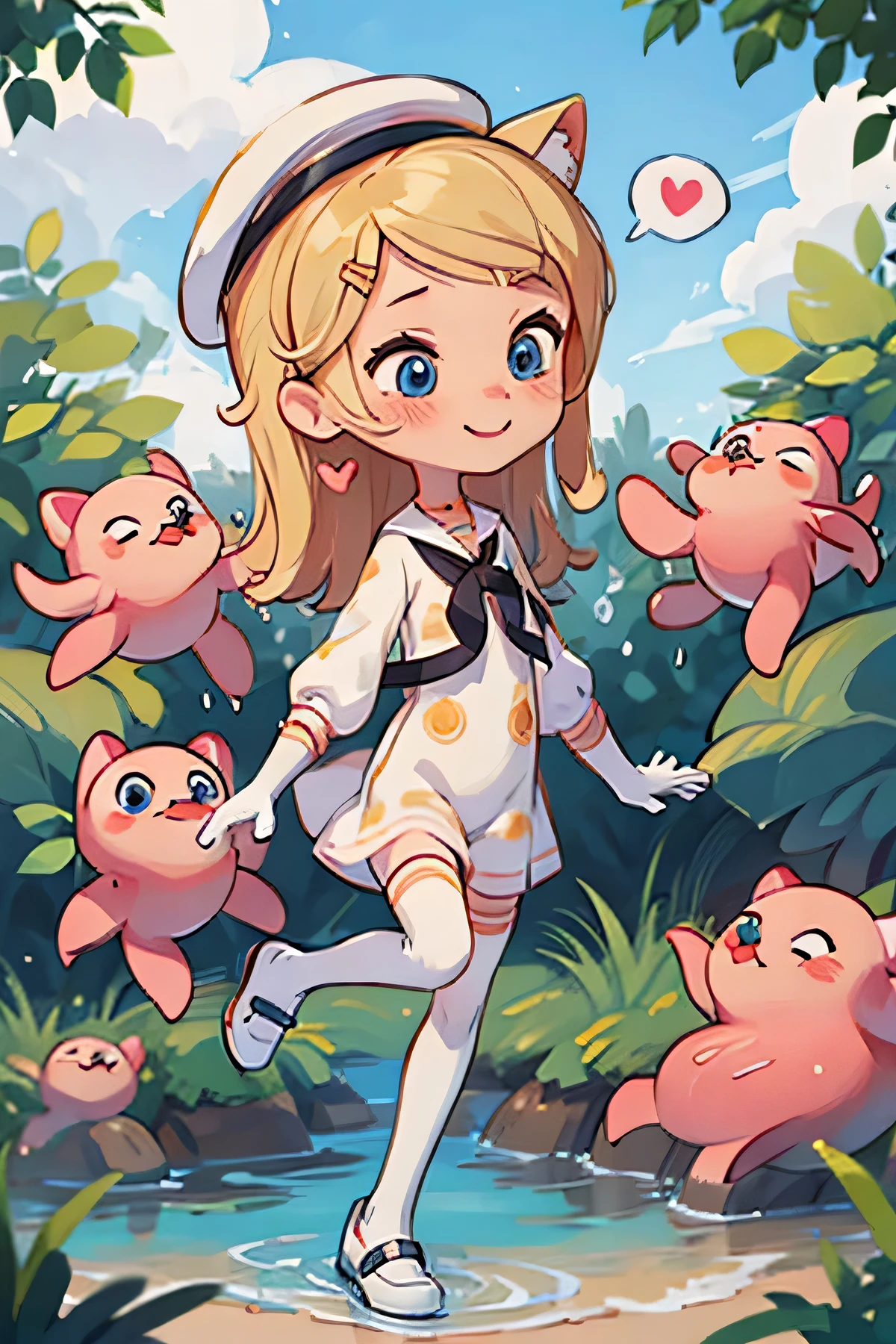 Pink and white leotard dress,masutepiece, Best Quality,Hair Ornament,Looking away,zettai_ryouiki+,Wet,Cat's ears+,bob cuts, blue eyes, Blonde hair, Long Hair, Sailor hat,big ribbon,white footwear,elbow groves, White Gloves,Puffy sleeves,Wrist cuffs,Choker,,blush,tentacle-pit++,Tentacle,Pink costume,Spoken Heart,Smile,7 years old,
