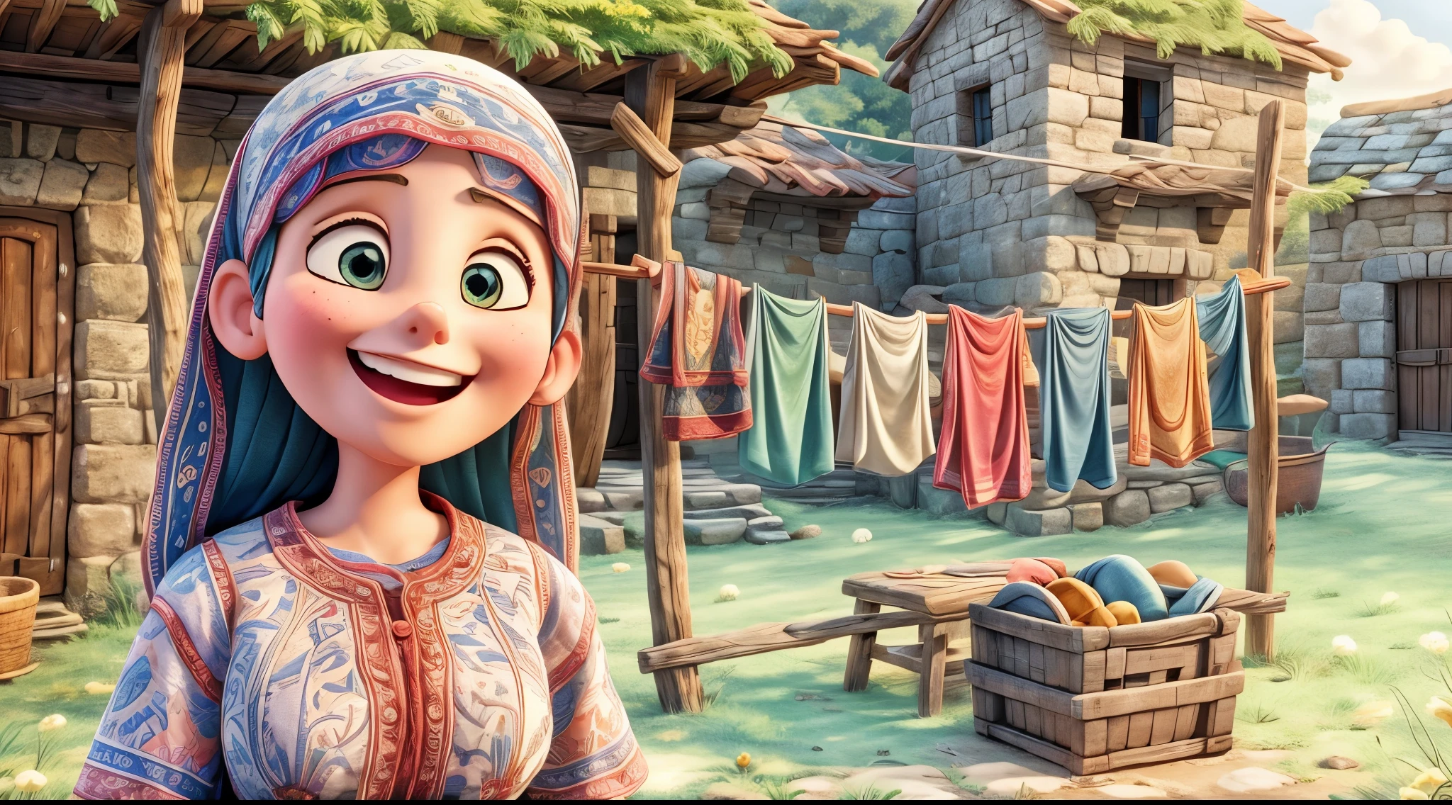 In the image, a cartoon depiction of Mary, mother of Jesus, smiling in front of a village setting. There's a clothesline with laundry hanging in the background.