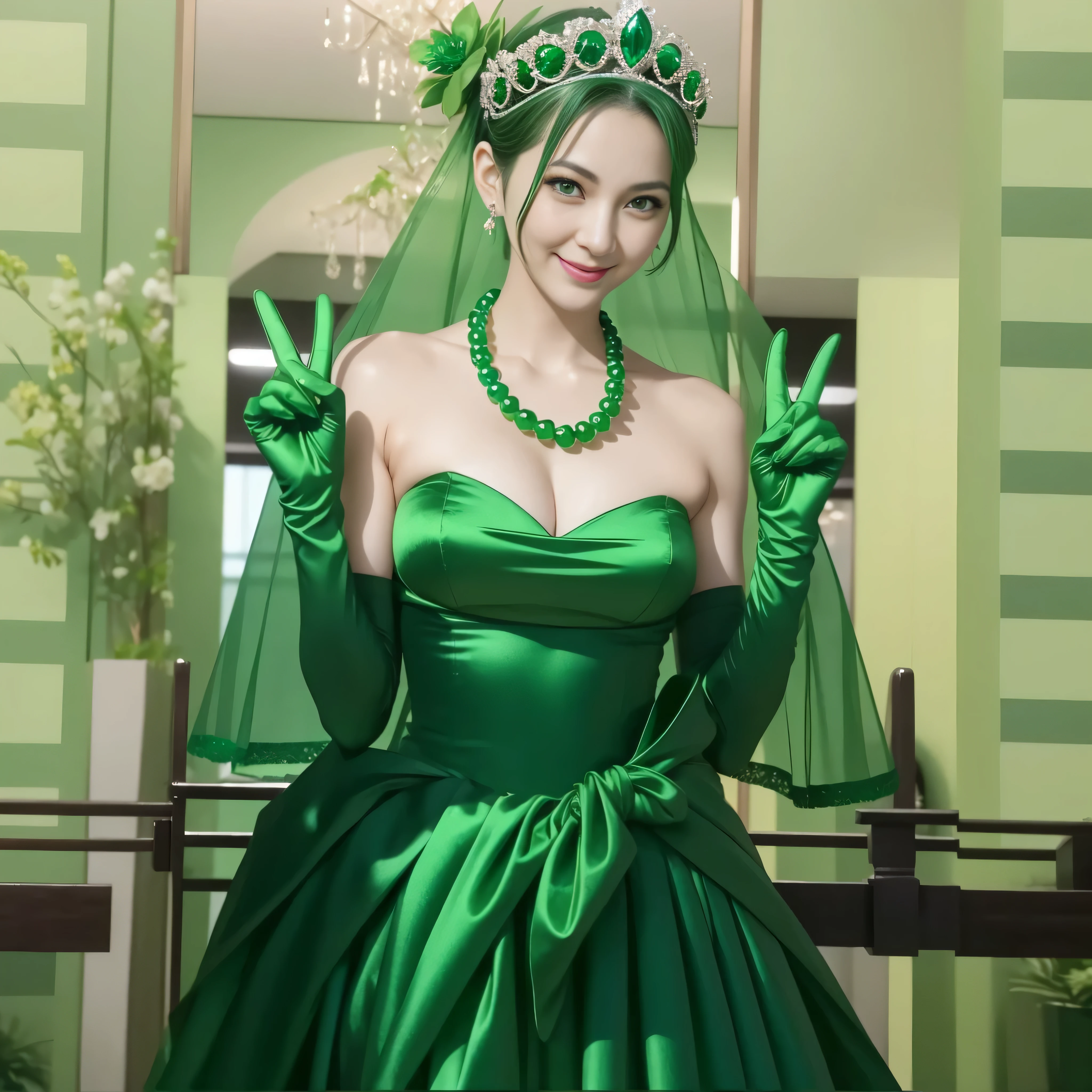 Beautiful Japan woman in her 30s, finger details, beautiful hands,emerald tiara, green pearl necklace, Boyish green berry short hair, lipstick, smiling Japanese woman, very short hair, big breasts beautiful, green eyes, green satin long gloves, green eyes, emerald earrings, green veil, V sign