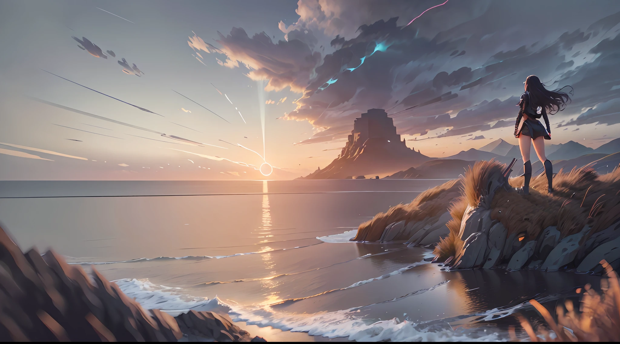 Command: ``/create prompt:a girl standing on a hill at sunset , dawn over a body of water with a sea in the background, video art, a matte painting, cinematic landscape model:Real`` --auto --s2