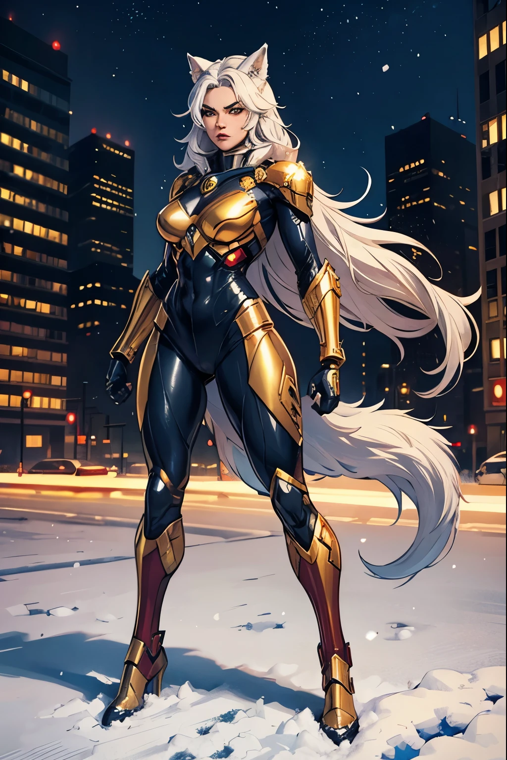 Superhero female, half wolf, half cyborg, intimidating, full body shot, wearing golden suit, in the snow, manhattan 