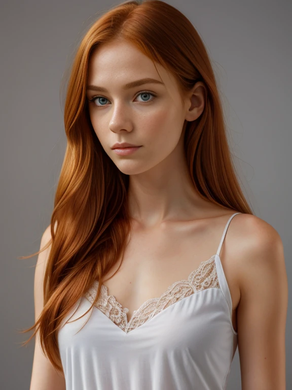 (masterpiece, best quality:1.2), ((1 girl, solo)), irish, slim, beautiful redhead, long ginger hair, (standing), plain gray background, masterpiece, HD high quality, 8K ultra high definition, ultra definition,