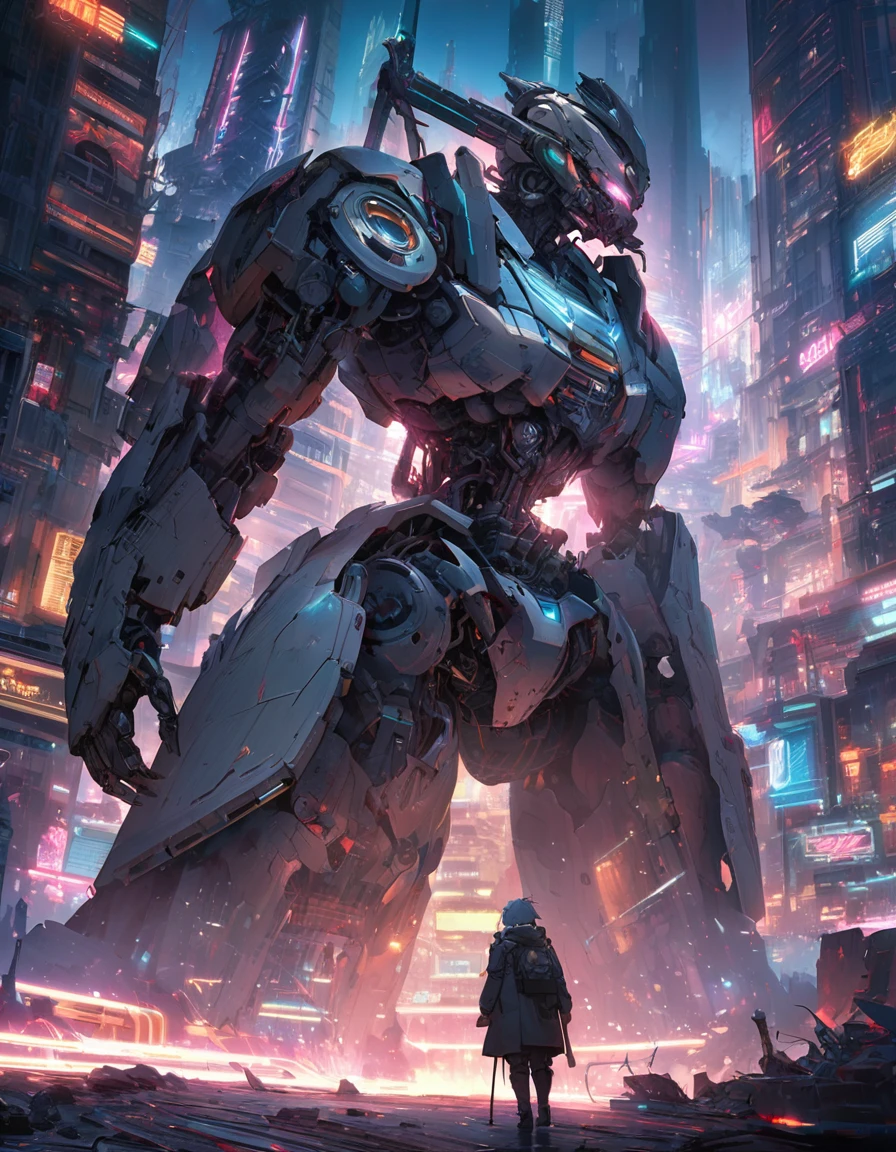 A stunning anime-style illustration of a 100-year-old cyborg boy with ultra-high resolution and 8K quality. His mechanical armor is adorned with intricate details and features various mechanical joints and parts. The cyborg's eyes glow with an intense, otherworldly light. The background is a futuristic cityscape with neon lights and towering skyscrapers, creating a dystopian atmosphere.