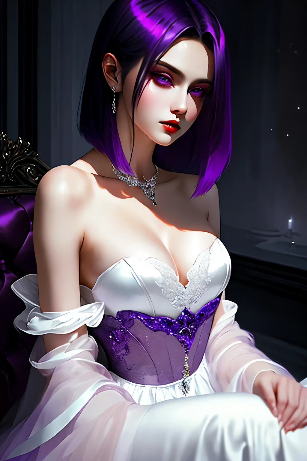 A captivating representation of a vampire girl with short shoulder-length hair, featuring a striking purple streak. Her alluring gaze is accentuated by the subtle showing of her canine teeth as she holds a delicate cup of blood. Her radiant purple eyes gleam with a mysterious allure, while her smooth, pale skin adds to her ethereal beauty. Dressed in dark, stylish clothes that hug her slender figure, she exudes an aura of seductive charm and enigmatic power. The room around her is bathed in the soft light of the moon, casting an ominous yet mesmerizing Dutch angle.