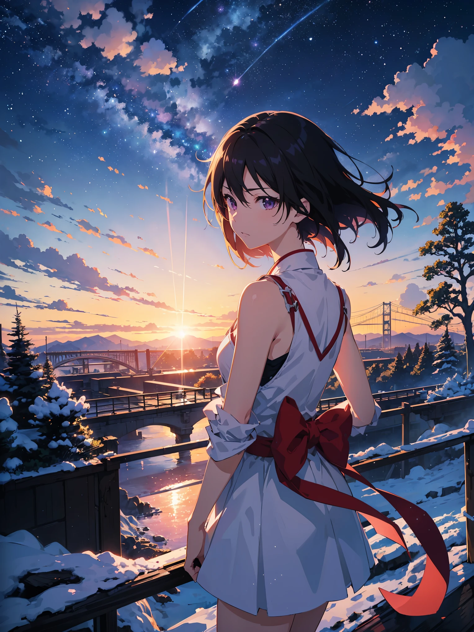 Anime scene of train passing through a bridge, purple and orange sky, art style by makoto shinkai, ((shinkai works)), beautiful anime scene, cosmic skies, starry skies, hills, snowy mountains, Cristal clear watar, river under the bridge, trees, stars, specular scattering, ((makoto shinkai)), anime background by makoto shinkai, ((Masterpeice)), ((ultra hd)), ((best quality)), ((clarity 8k)), ((artistic wallpaper)), ((stunning anime landscape)), ((shinkai)), ((extreamly detailed)), ((highly detailed)), ((detailed)).