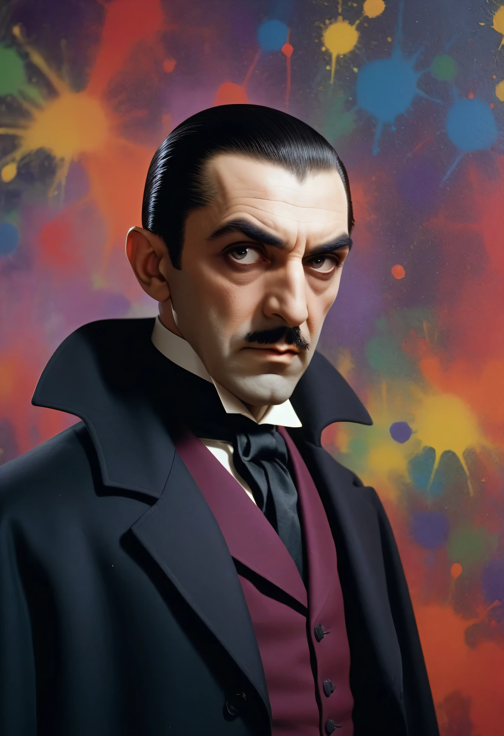 Bela Lugosi as Count Dracula - an extremely colorful multicolor paint splattered wall in the background