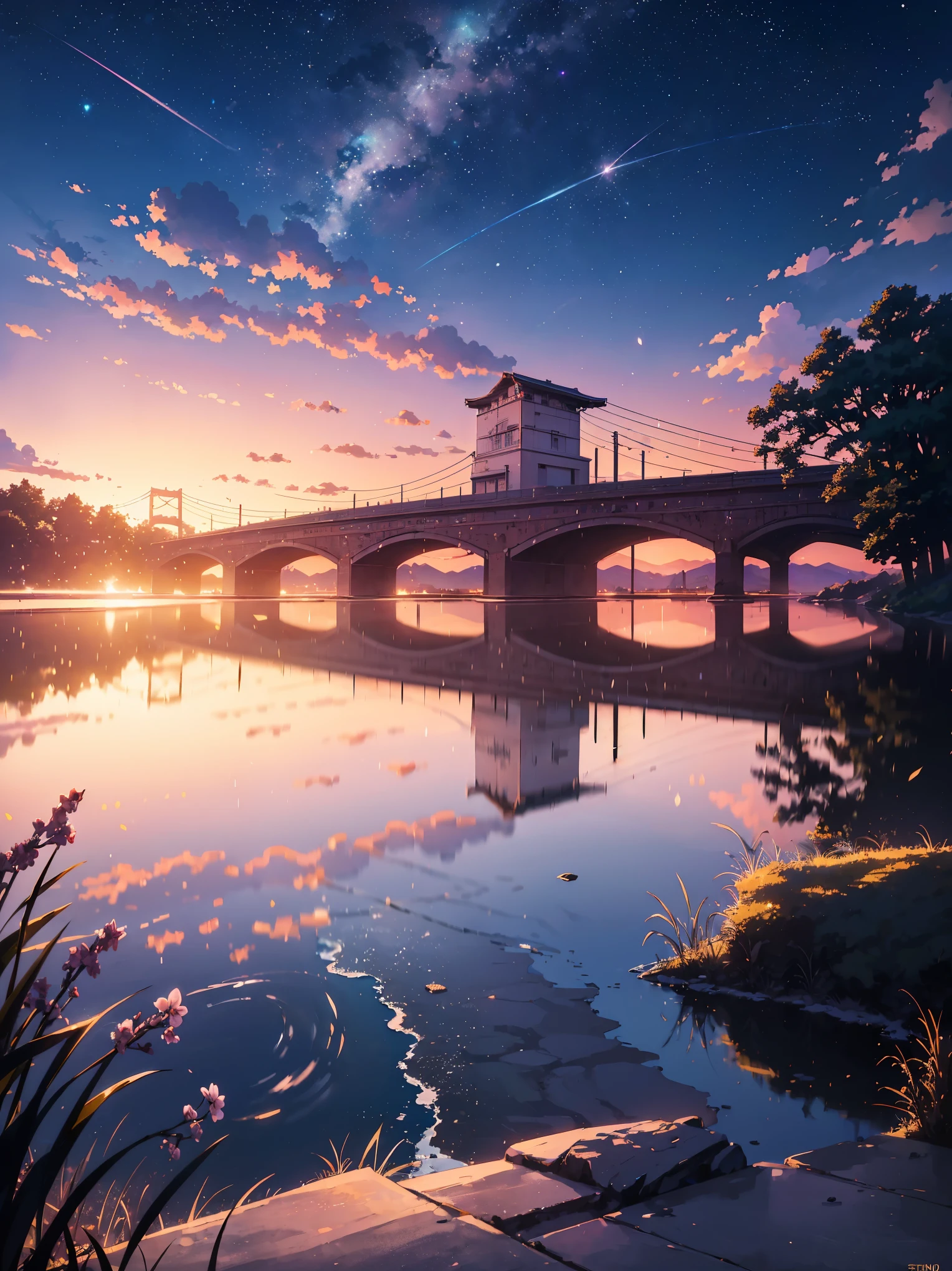 Anime scene of train passing through a bridge, purple and orange sky, art style by makoto shinkai, ((shinkai works)), beautiful anime scene, cosmic skies, starry skies, hills, snowy mountains, Cristal clear watar, river under the bridge, trees, stars, specular scattering, ((makoto shinkai)), anime background by makoto shinkai, ((Masterpeice)), ((ultra hd)), ((best quality)), ((clarity 8k)), ((artistic wallpaper)), ((stunning anime landscape)), ((shinkai)), ((extreamly detailed)), ((highly detailed)), ((detailed)).