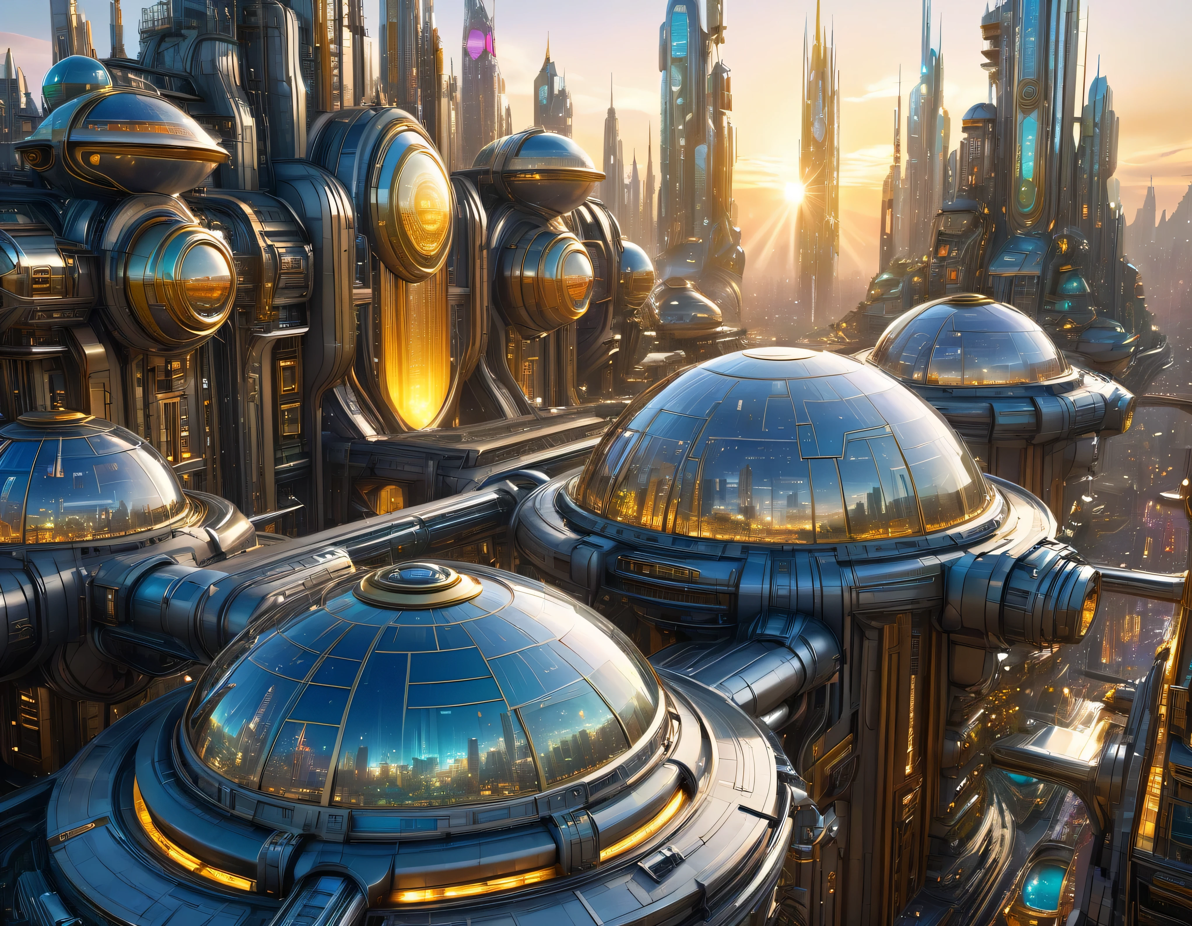 (golden hour lighting), megacity, megalopolis of an imaginary world of science fiction , parecido a una disneylandia futurista, and maximum fantasy, con inmensos edificios y rascacielos ovalados y dodecaedricos agrupados de metal y cristal donde predomina la plata y los anuncios luminosos de colores. imagen bien definida 8k, (intrincados detalles de la maquina), con muchos edificios juntos.(obra maestra de superior calidad).(imagen fotorrealista), nitidez absoluta hasta el fondo