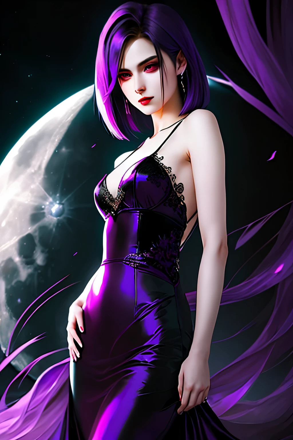 A captivating representation of a vampire girl with short shoulder-length hair, featuring a striking purple streak. Her alluring gaze is accentuated by the subtle showing of her canine teeth as she holds a delicate cup of blood. Her radiant purple eyes gleam with a mysterious allure, while her smooth, pale skin adds to her ethereal beauty. Dressed in dark, stylish clothes that hug her slender figure, she exudes an aura of seductive charm and enigmatic power. The room around her is bathed in the soft light of the moon, casting an ominous yet mesmerizing Dutch angle.
