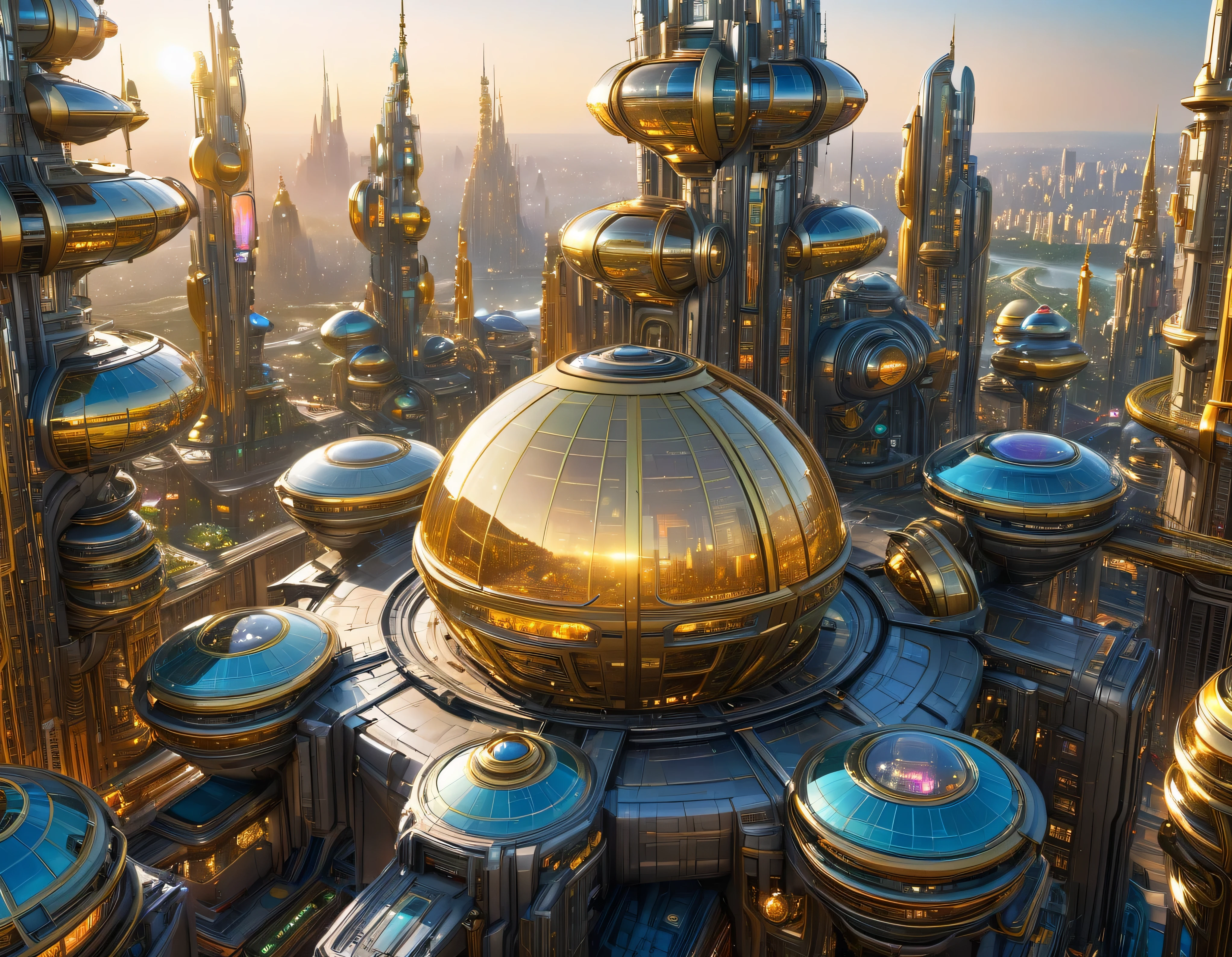 (golden hour lighting), megacity, megalopolis of an imaginary world of science fiction , parecido a una disneylandia futurista, and maximum fantasy, con inmensos edificios y rascacielos ovalados y dodecaedricos agrupados de metal y cristal donde predomina el oro y los anuncios luminosos de colores. imagen bien definida 8k, (intrincados detalles de la maquina), con muchos edificios juntos.(obra maestra de superior calidad).(imagen fotorrealista), nitidez absoluta hasta el fondo