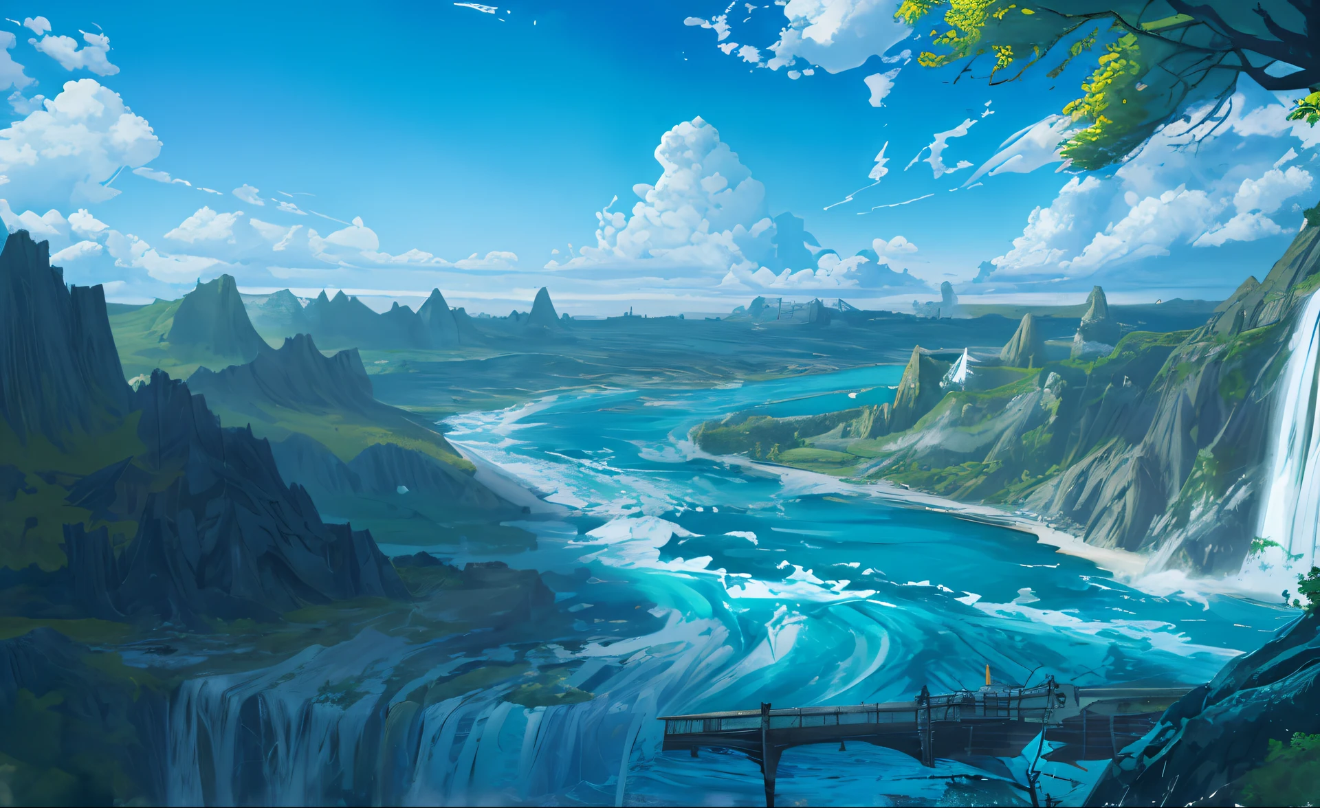 concept art, no humans, landscape, water, sky, sun, trees, clouds, waterfalls, outdoors, buildings, nature, river, blue sky