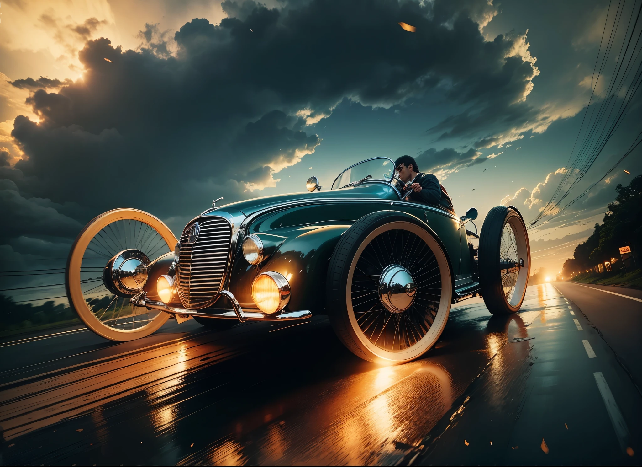Um Carro esporte vintage cinza metalizado personalizado sendo dirigido por um homem em uma estrada sinuosa. The car is moving , with trees lined up on both sides of the wet road and spreading water everywhere at the speed of the car. I want an image that captures the feeling of an exciting journey, com o homem curtindo o passeio em um dia claro ensolarado.