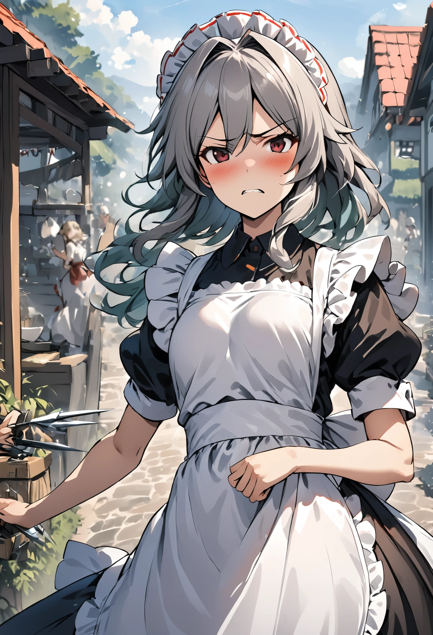 1 girl, Iza Yosakuya, touhou, alone, maid headskirt, maid, apron, short sleeves, skirt, Keep your mouth shut, white apron, looking at the audience, maid apron, puffy short sleeves, decorate, puff sleeves, black skirt, frilled apron, hair between eyes, outdoor, blush, throwing Knives, Knives, serious face, Upper body, masterpiece, best quality, very aesthetic, Ridiculous