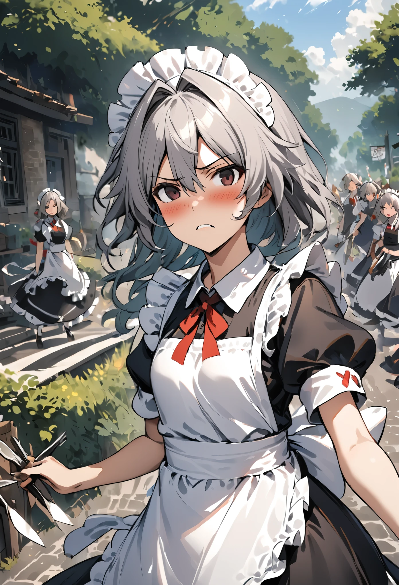 1 girl, Iza Yosakuya, touhou, alone, maid headskirt, maid, apron, short sleeves, skirt, Keep your mouth shut, white apron, looking at the audience, maid apron, puffy short sleeves, decorate, puff sleeves, black skirt, frilled apron, hair between eyes, outdoor, blush, throwing Knives, Knives, serious face, Upper body, masterpiece, best quality, very aesthetic, Ridiculous