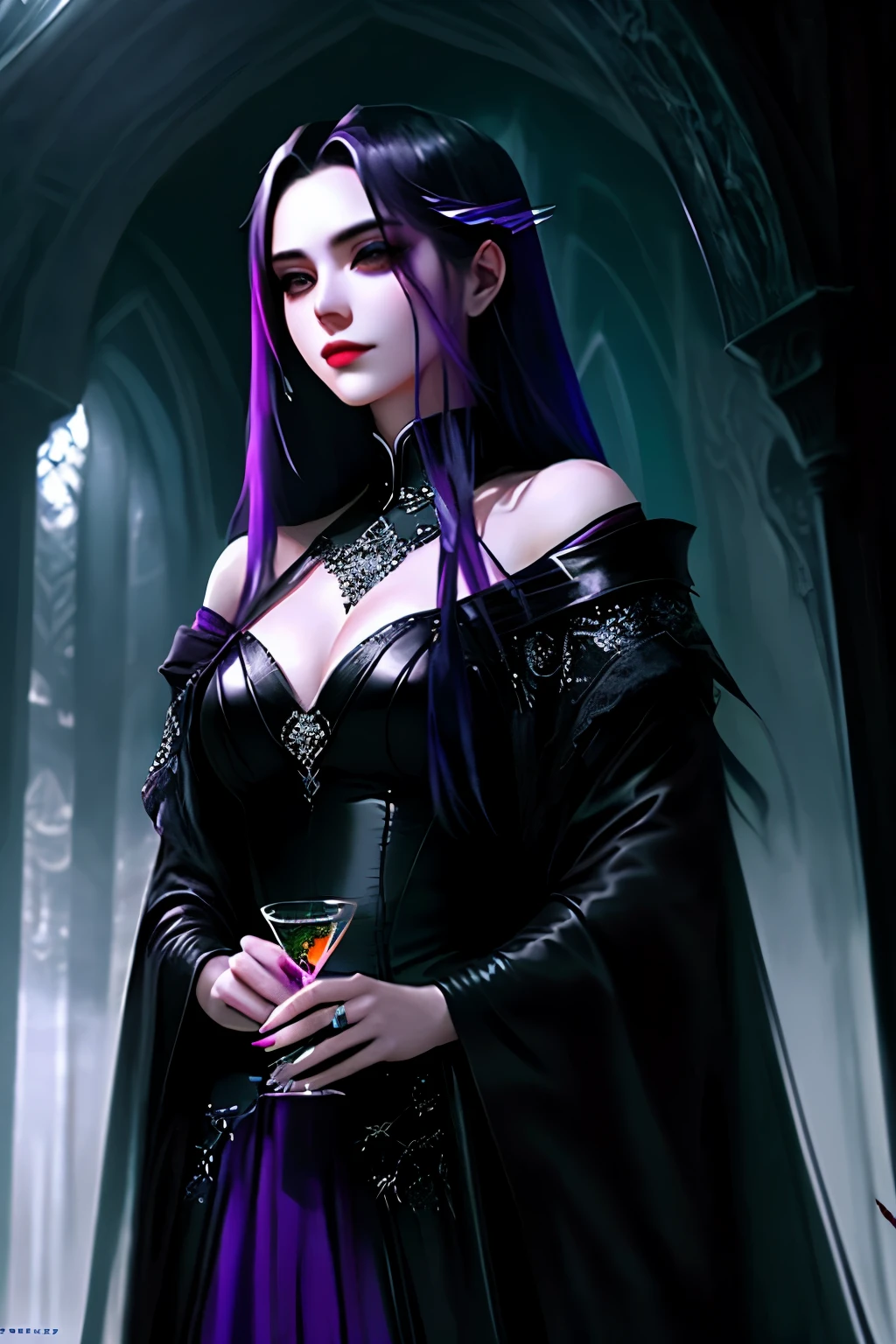 In the heart of the night, a captivating vampire girl stands before you, her short shoulder-length hair adorned with a vibrant purple streak. Her mesmerizing eyes, filled with an otherworldly green hue, pierce through the darkness. With a tantalizing smirk, she reveals her sharp canines as she holds a delicate chalice filled with freshly drawn blood. Her porcelain skin is a stark contrast to the deep shadows that surround her, adding an enigmatic allure to her ethereal beauty. Her attire is a blend of darkness and style, accentuating her seductive figure.