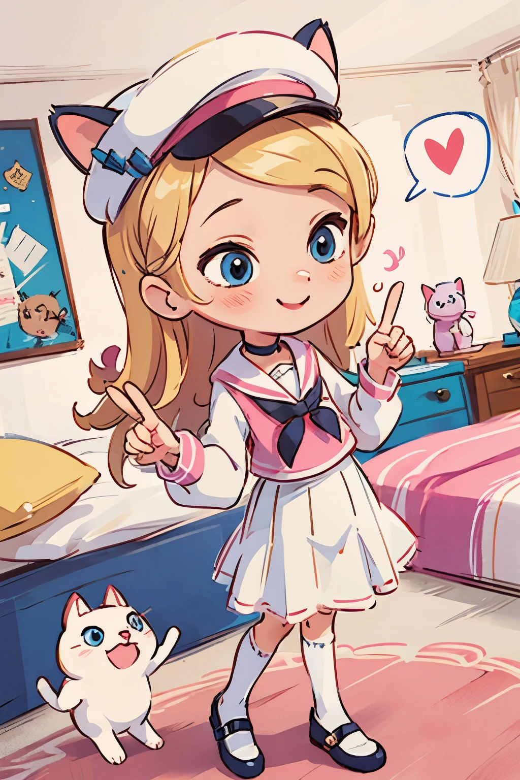 (Room:1.5),Smile,pink and white skirt,masutepiece, Best Quality,Hair Ornament,(peace sign),Sailor hat,Looking away,zettai_ryouiki+,,Cat's ears+,Long hair,Blonde hair,blue eyes,white footwear,Puffy sleeves,Wrist cuffs,Choker, Pink costume, pleated skirt,Spoken Heart,,7 years old,Aerial view+,low angles, happy,