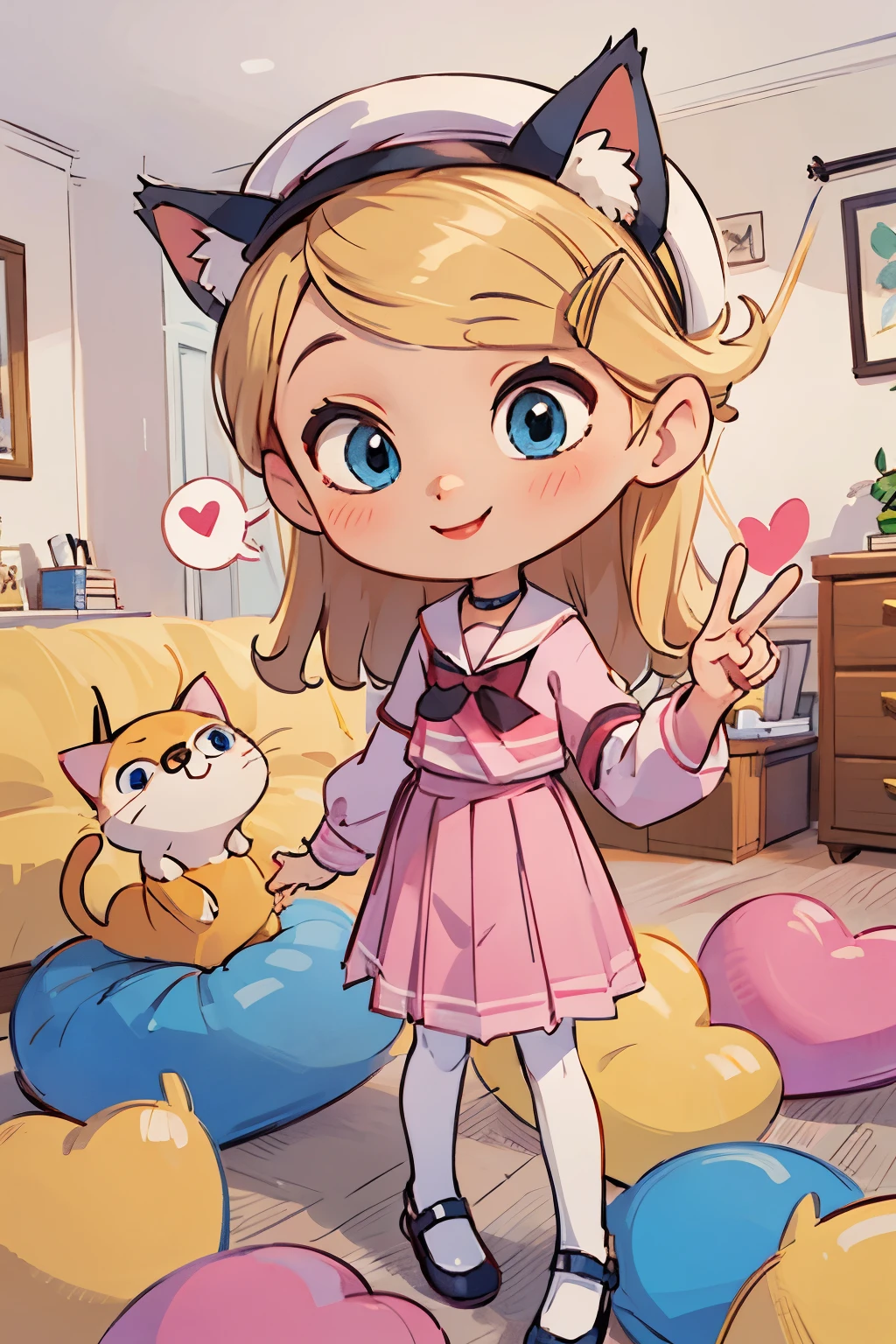 (Room:1.5),Smile,pink and white skirt,masutepiece, Best Quality,Hair Ornament,(peace sign),Sailor hat,Looking away,zettai_ryouiki+,,Cat's ears+,Long hair,Blonde hair,blue eyes,white footwear,Puffy sleeves,Wrist cuffs,Choker, Pink costume, pleated skirt,Spoken Heart,,7 ,Aerial view+,low angles, happy,