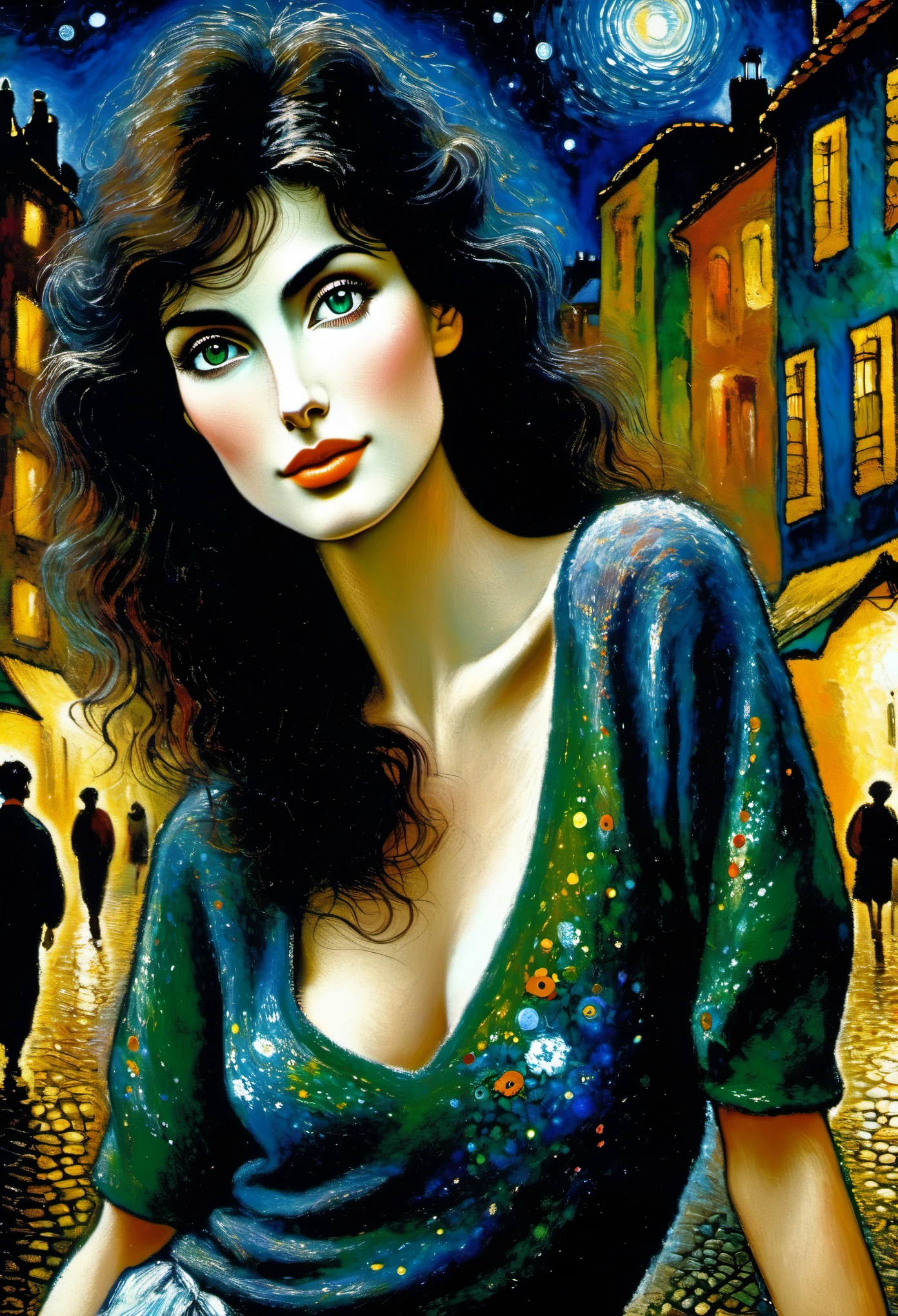 A pretty woman, Slender figure, Dark brown hair, T-shirt, (Street in city at night), Highly detailed face and skin texture, Detailed eyes, Double eyelid((Marc Chagall style)), magical naive art, primitivism, protogenes,((Best quality, masterpiece)),
(Higher detail), Impressionism:1.1, 8k