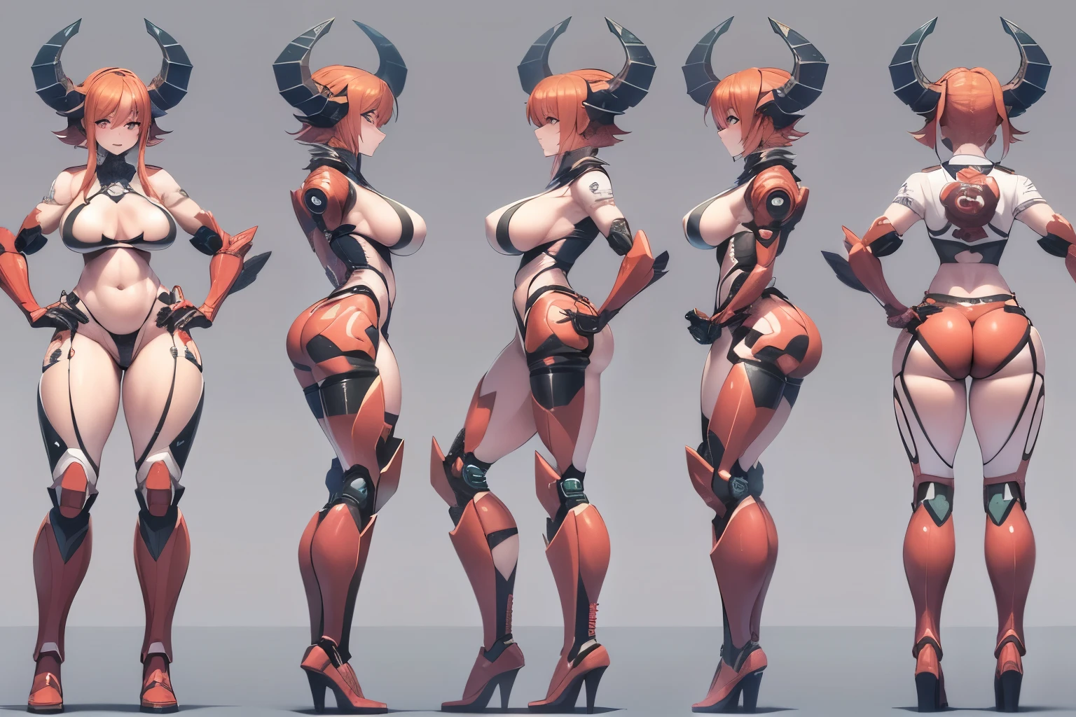 (Same character, front, side, back), (full body), generative front view, side view, back view, 3 view, 8k wallpaper, (HDR:1.2), succubus, female, red skin, huge breasts, wide hips, thick thighs, extremely detailed, curled horns on head, 3 d character reference sheet, nude human torso, black robotic legs, black robotic arms