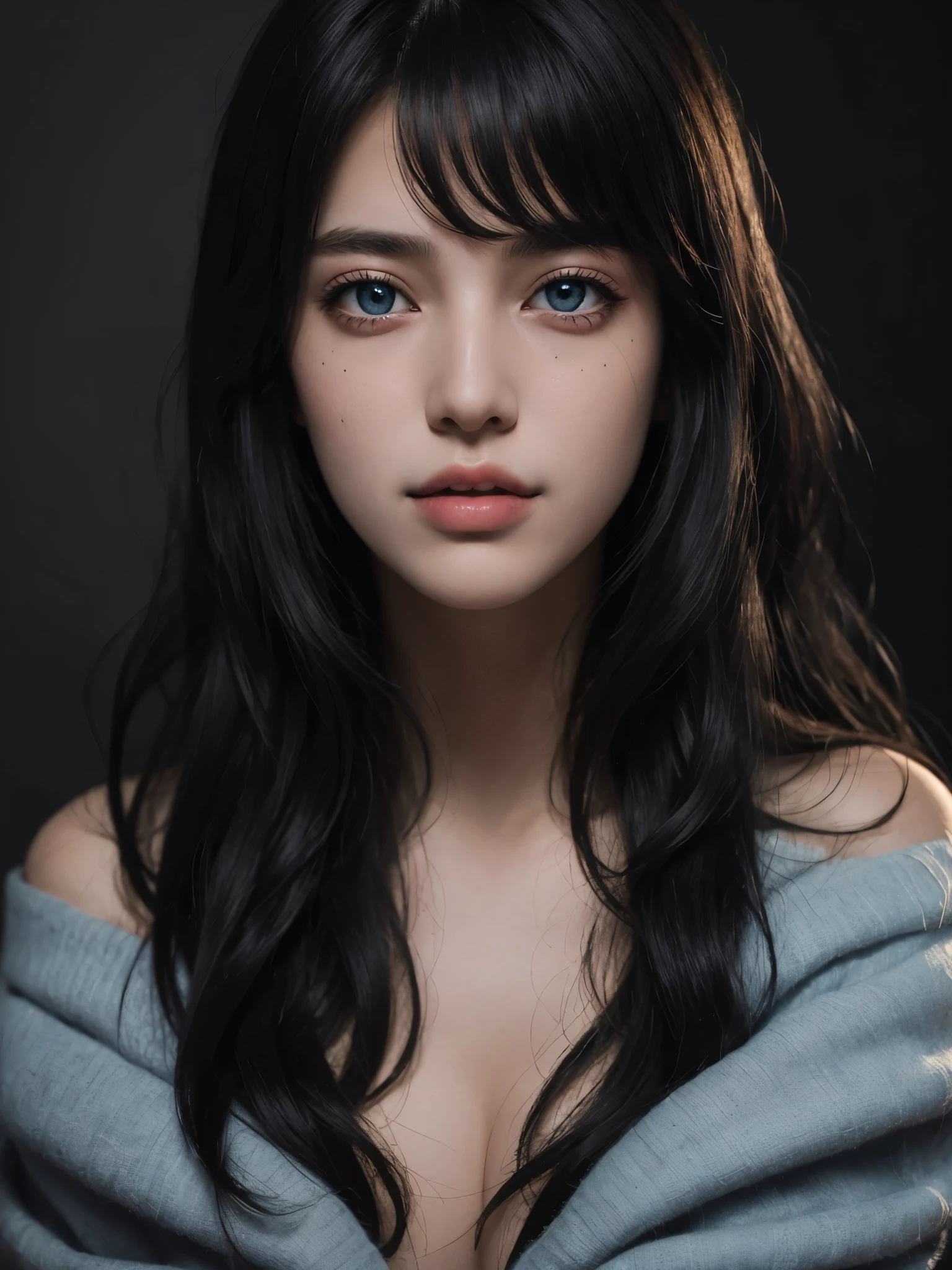 Best quality, masterpiece, ultra high res, (photorealistic:1.5), raw photo, 1 mature girl, offshoulder, in the dark, deep shadow, low key, cold light, sexy look, long black wavy hair with bangs (((black hair))), blue eyes