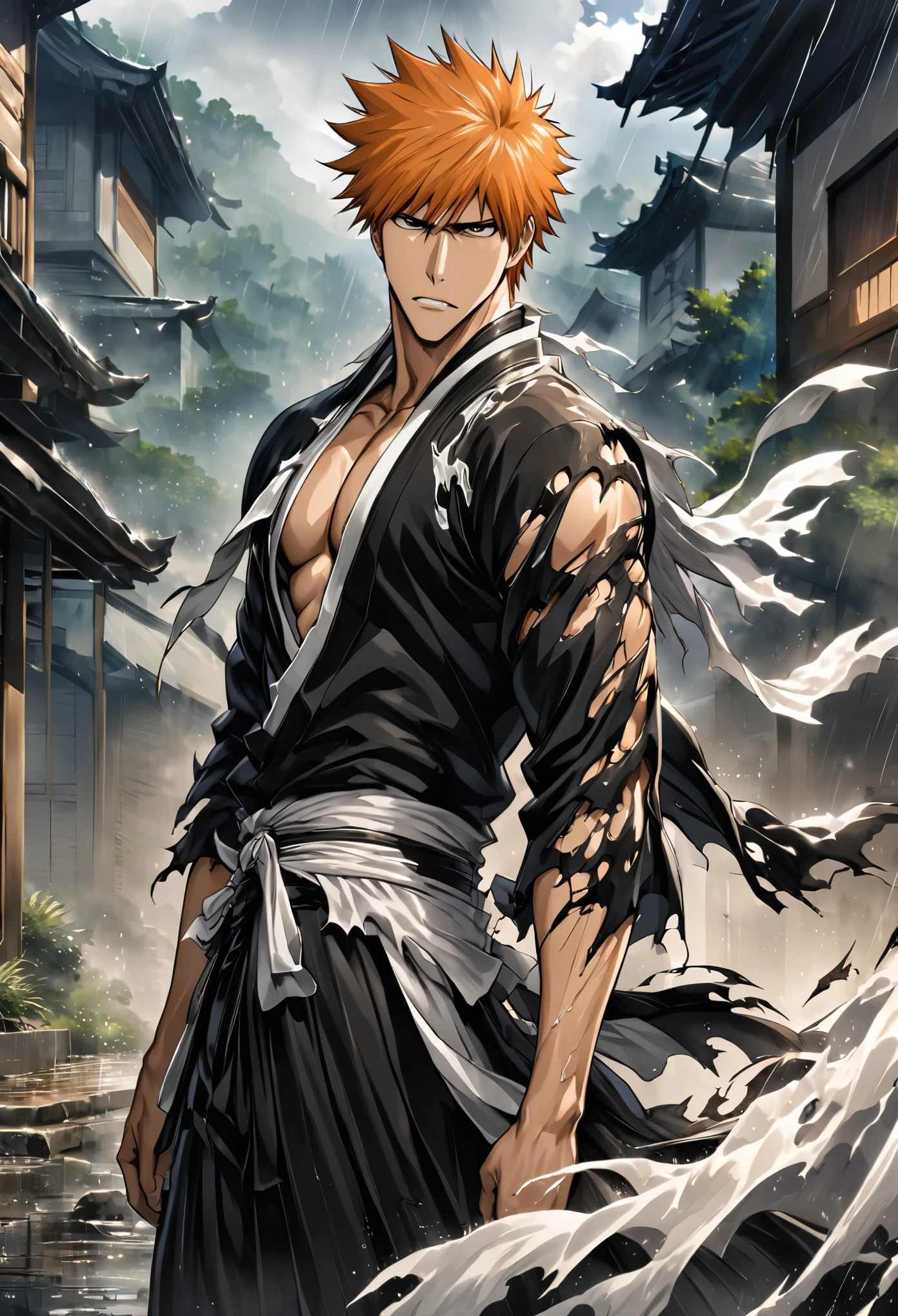 1boy, male focus, kurosaki ichigo, bleach, black hakama, tensa zangetsu (bankai), torn clothes, outdoors, rain, pectoralasterpiece), (best quality), (ultra-detailed), very aesthetic, illustration, disheveled hair, perfect composition, moist skin, intricate details,