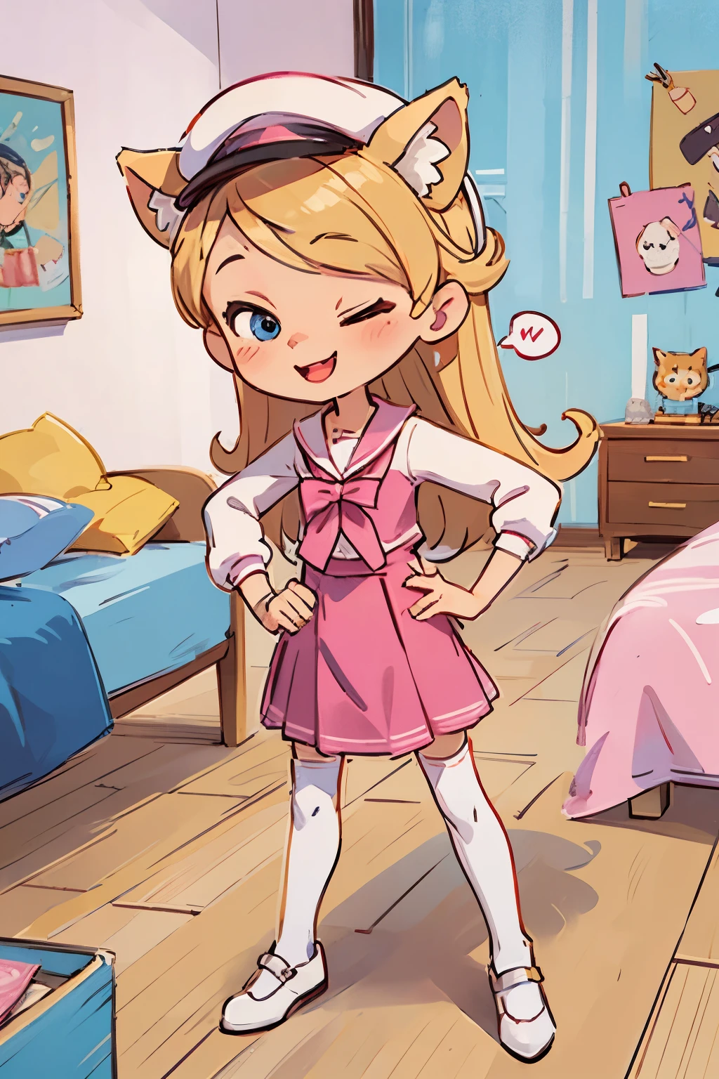 (Room:1.5),Smile,pink and white skirt,masutepiece, Best Quality,Hair Ornament,(one hand on hip ),Sailor hat,Looking away,zettai_ryouiki+,,Cat's ears+,Long hair,Blonde hair,blue eyes,white footwear,Puffy sleeves,Wrist cuffs,Choker, Pink costume, pleated skirt,Spoken Heart,,7 ,Aerial view+,low angles, one eye closed, joyful, mouth open,