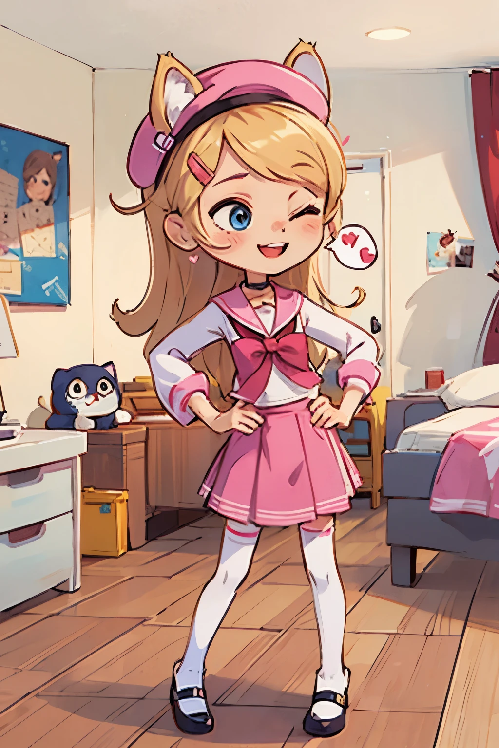 (Room:1.5),Smile,pink and white skirt,masutepiece, Best Quality,Hair Ornament,(one hand on hip ),Sailor hat,Looking away,zettai_ryouiki+,,Cat's ears+,Long hair,Blonde hair,blue eyes,white footwear,Puffy sleeves,Wrist cuffs,Choker, Pink costume, pleated skirt,Spoken Heart,,7 years old,Aerial view+,low angles, one eye closed, joyful, mouth open,